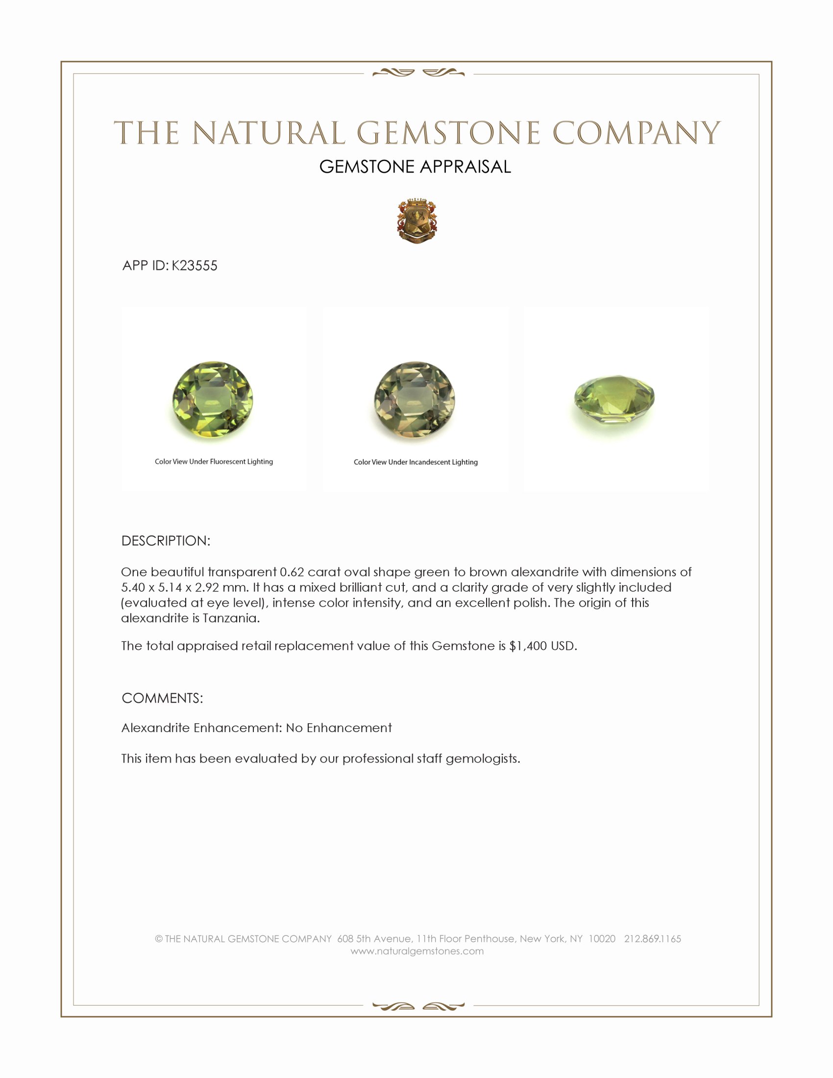 0.62 Ct. Alexandrite from Tanzania