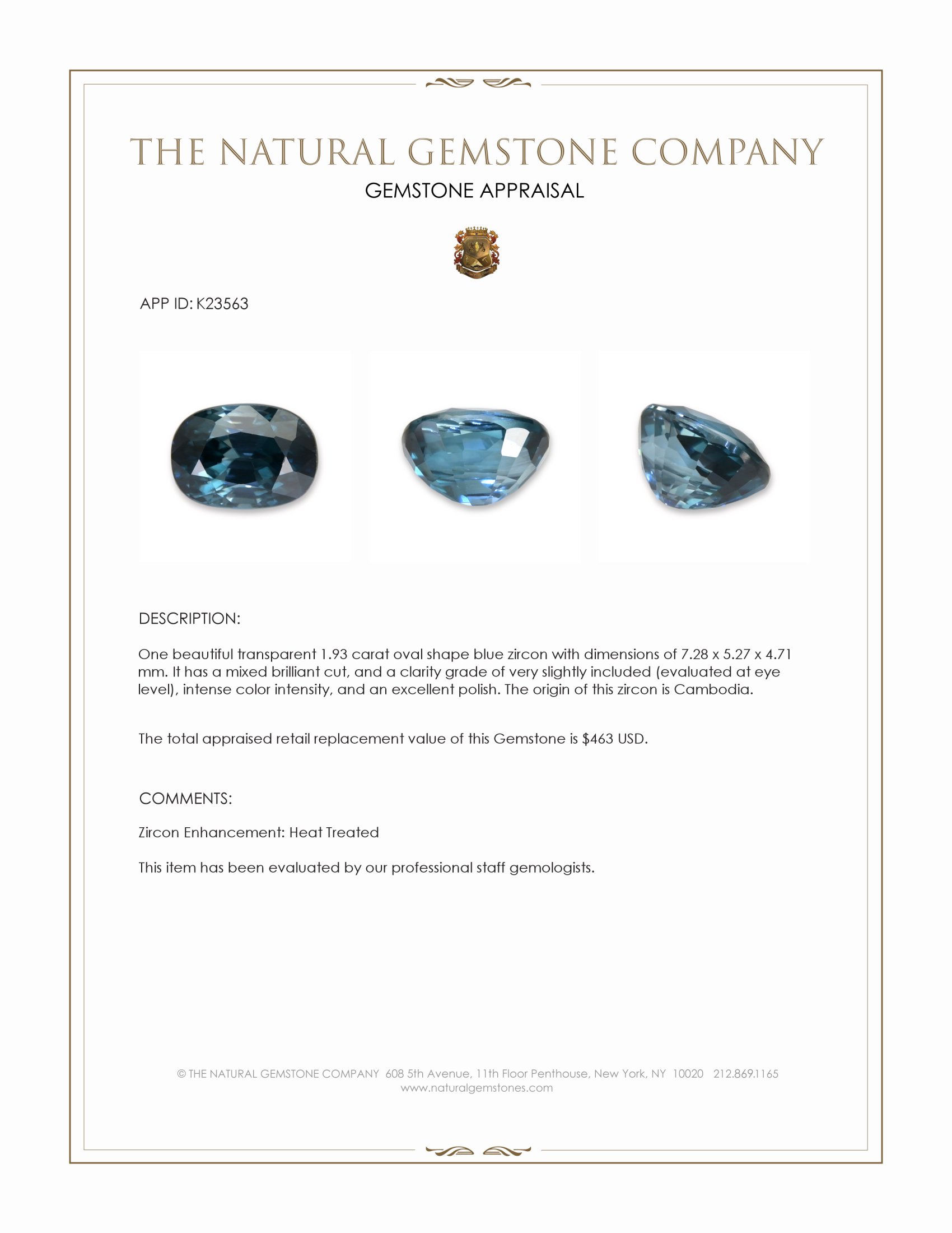 1.93 Ct. Blue Zircon from Cambodia