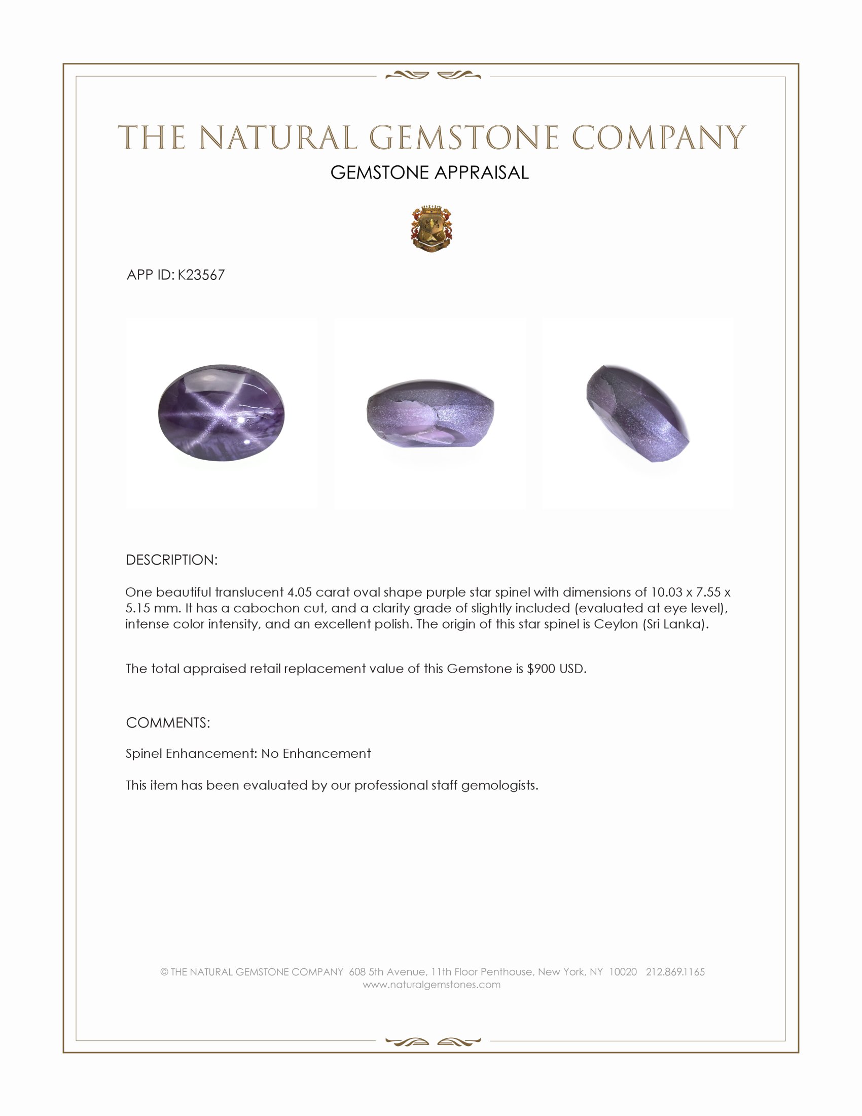 4.05 Ct. Purple Star Spinel from Ceylon (Sri Lanka)