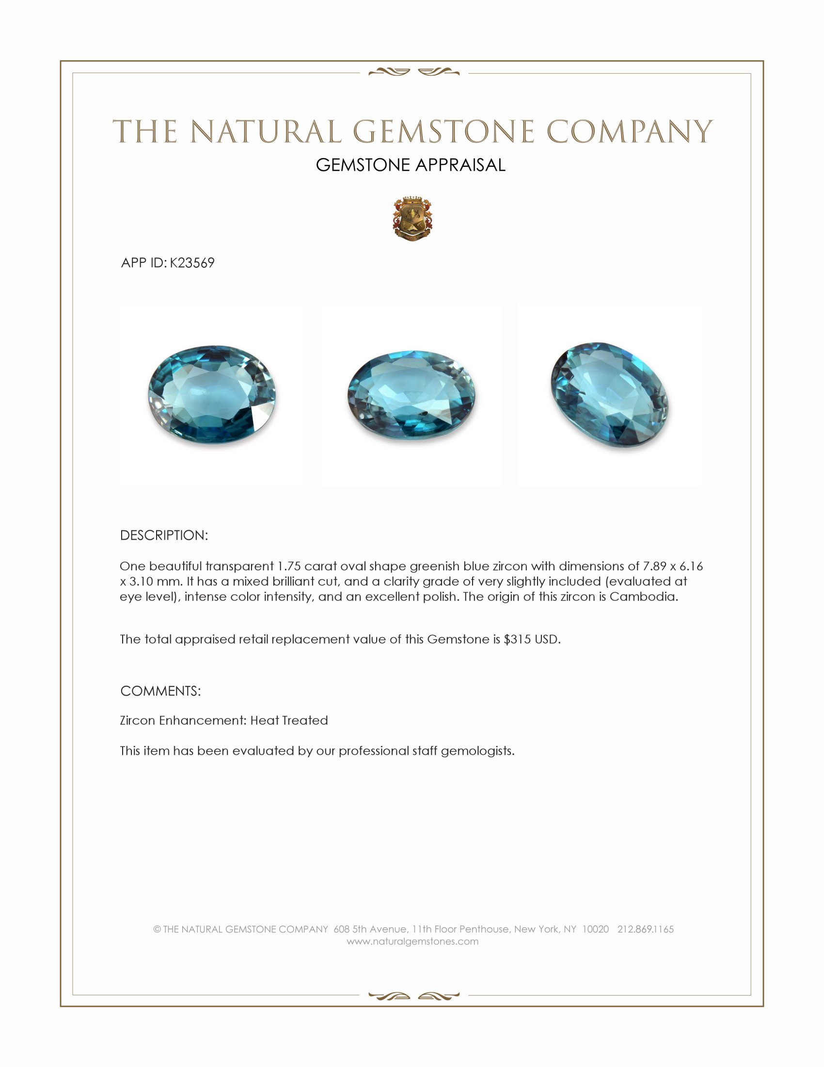 1.75 Ct. Greenish Blue Zircon from Cambodia