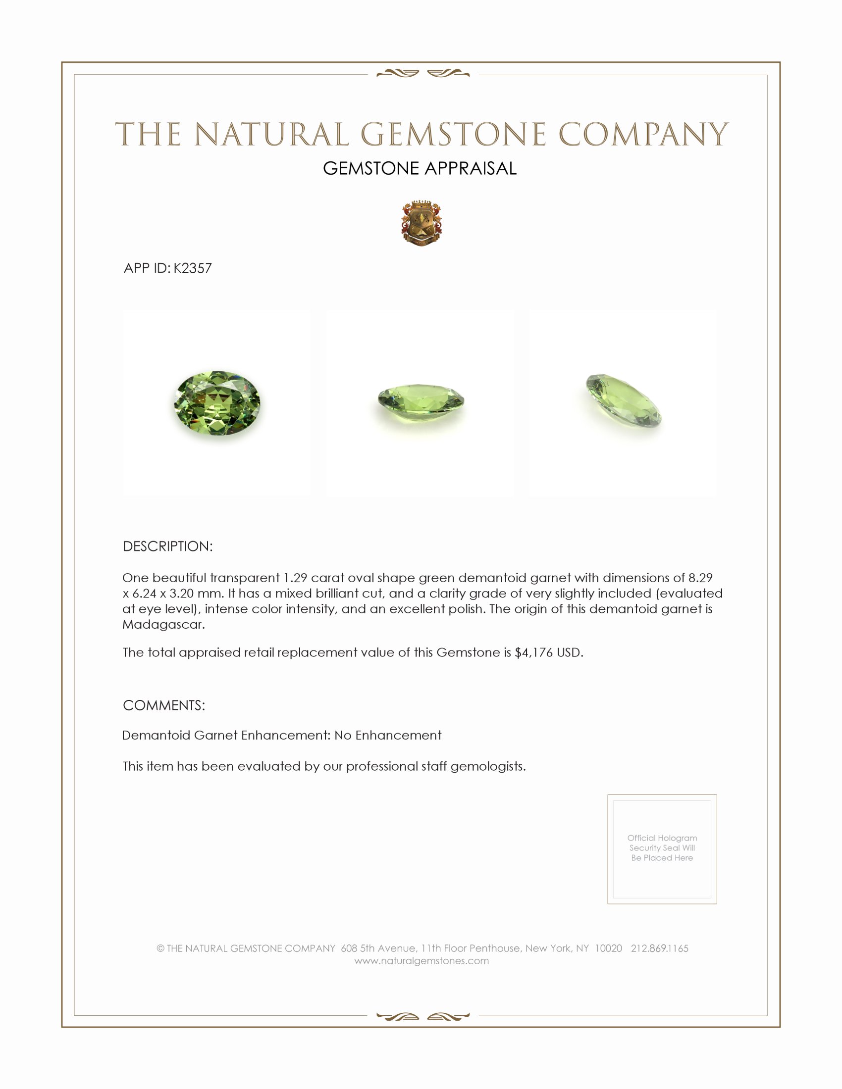 1.29 Ct. Green Demantoid Garnet from Madagascar