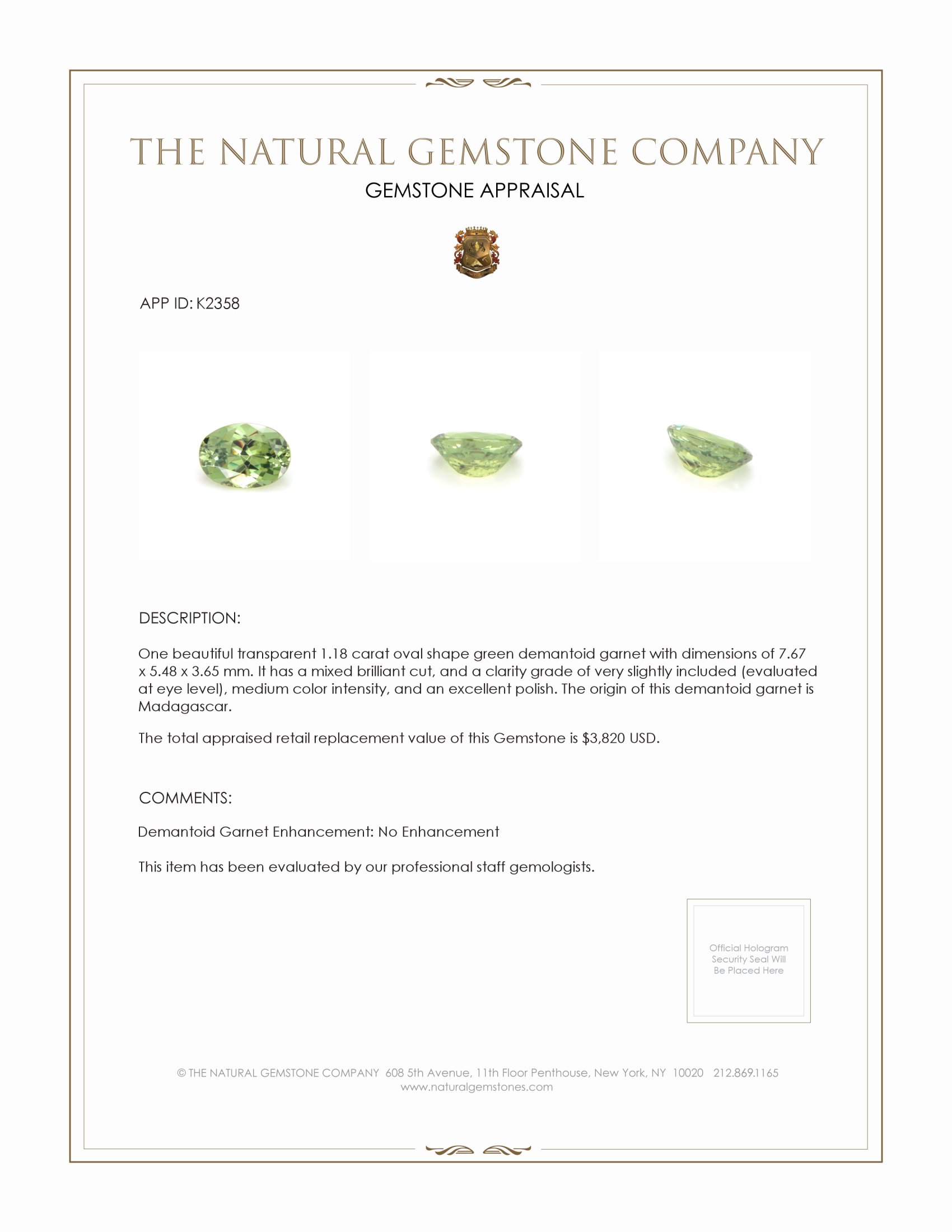 1.18 Ct. Green Demantoid Garnet from Madagascar