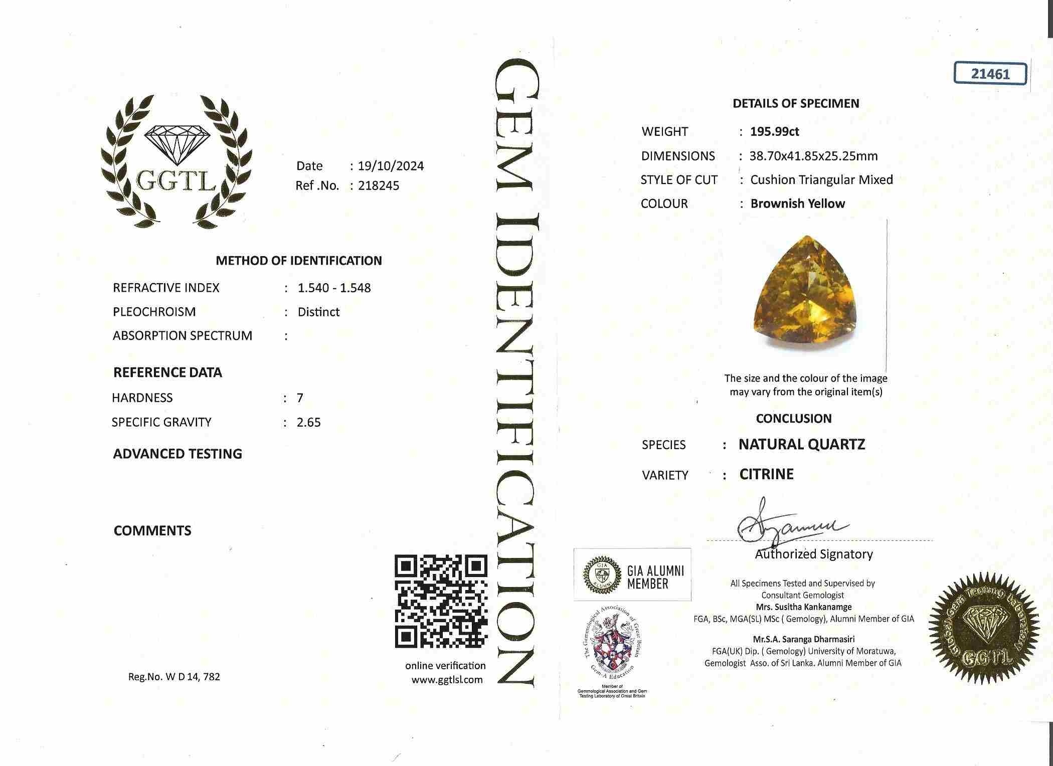 195.31 Ct. Yellow Citrine from Ceylon (Sri Lanka)