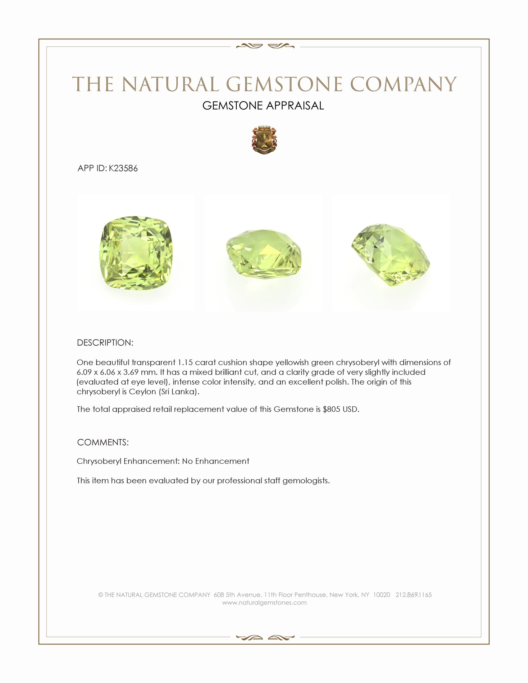 1.15 Ct. Yellowish Green Chrysoberyl from Ceylon (Sri Lanka)