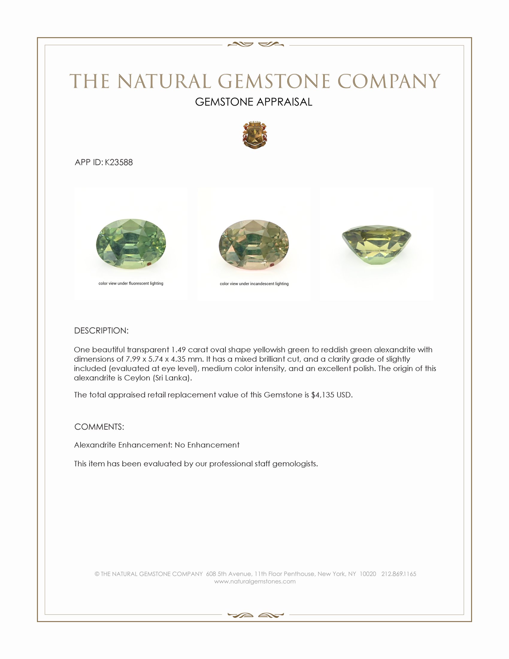 1.49 Ct. Alexandrite from Ceylon (Sri Lanka)