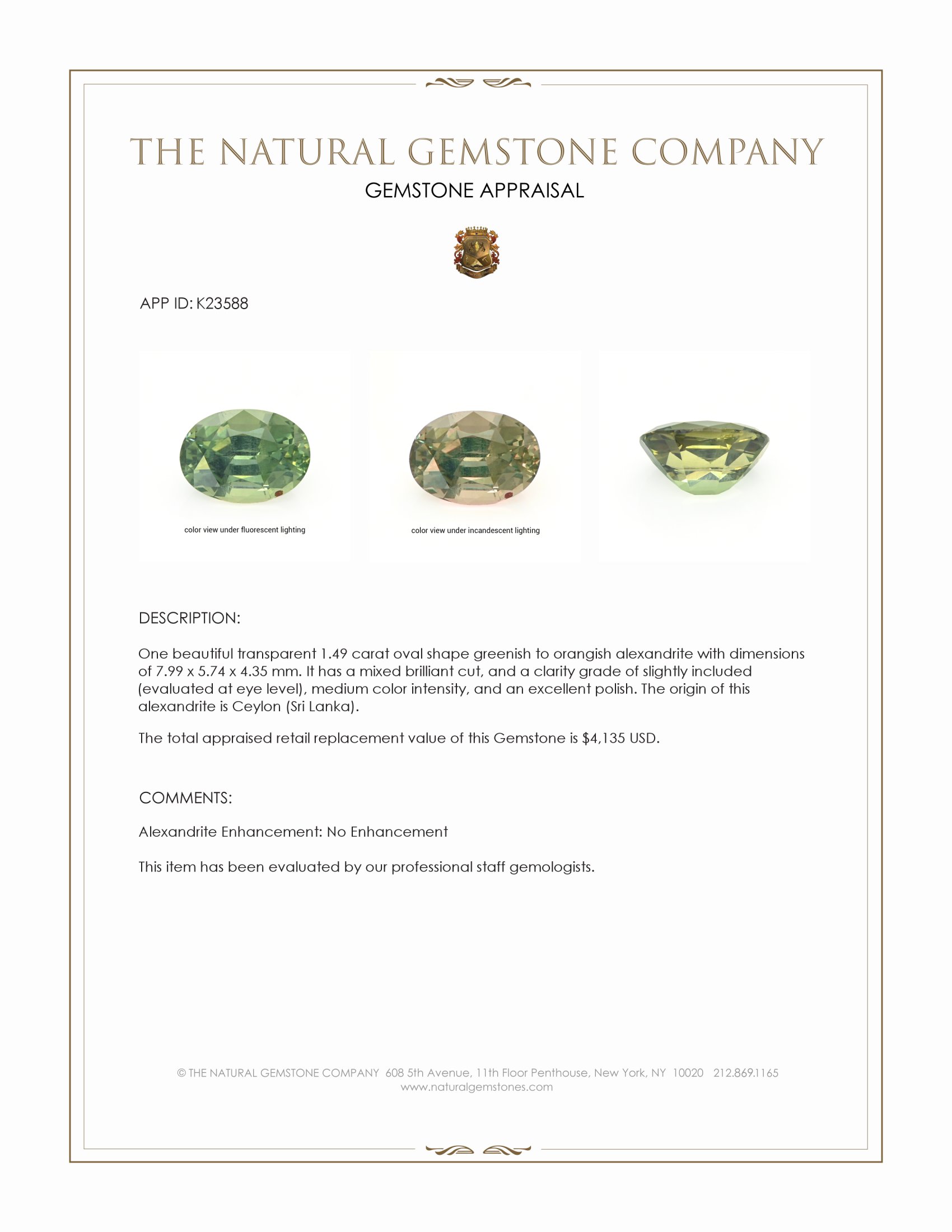 1.49 Ct. Alexandrite from Ceylon (Sri Lanka)