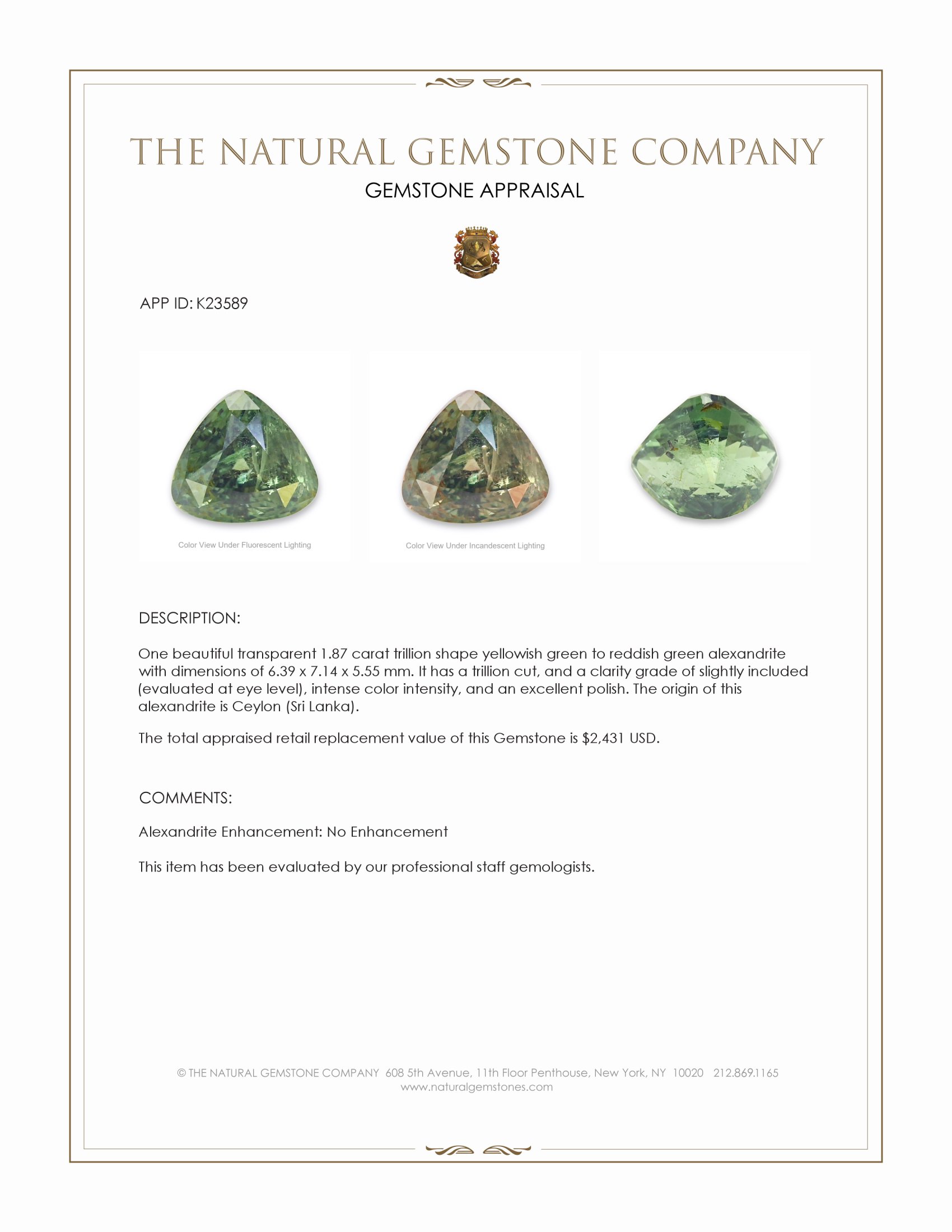 1.87 Ct. Alexandrite from Ceylon (Sri Lanka)