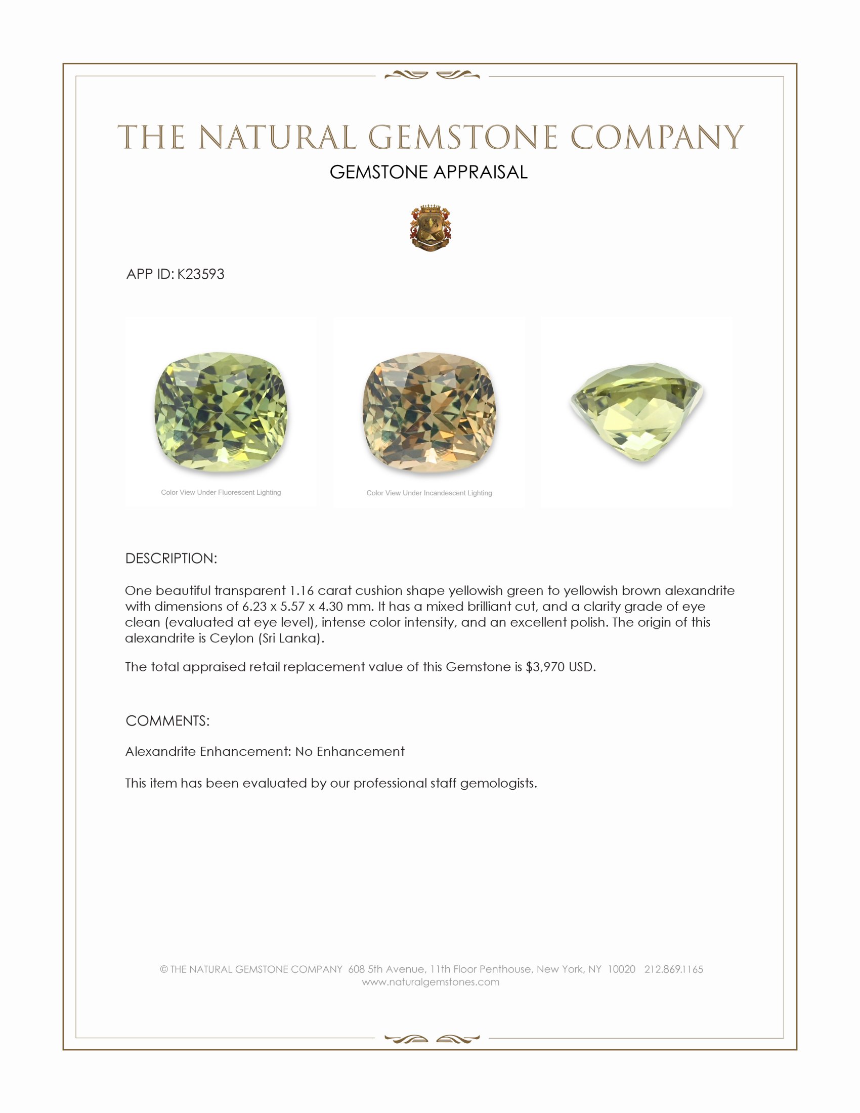 1.16 Ct. Alexandrite from Ceylon (Sri Lanka)