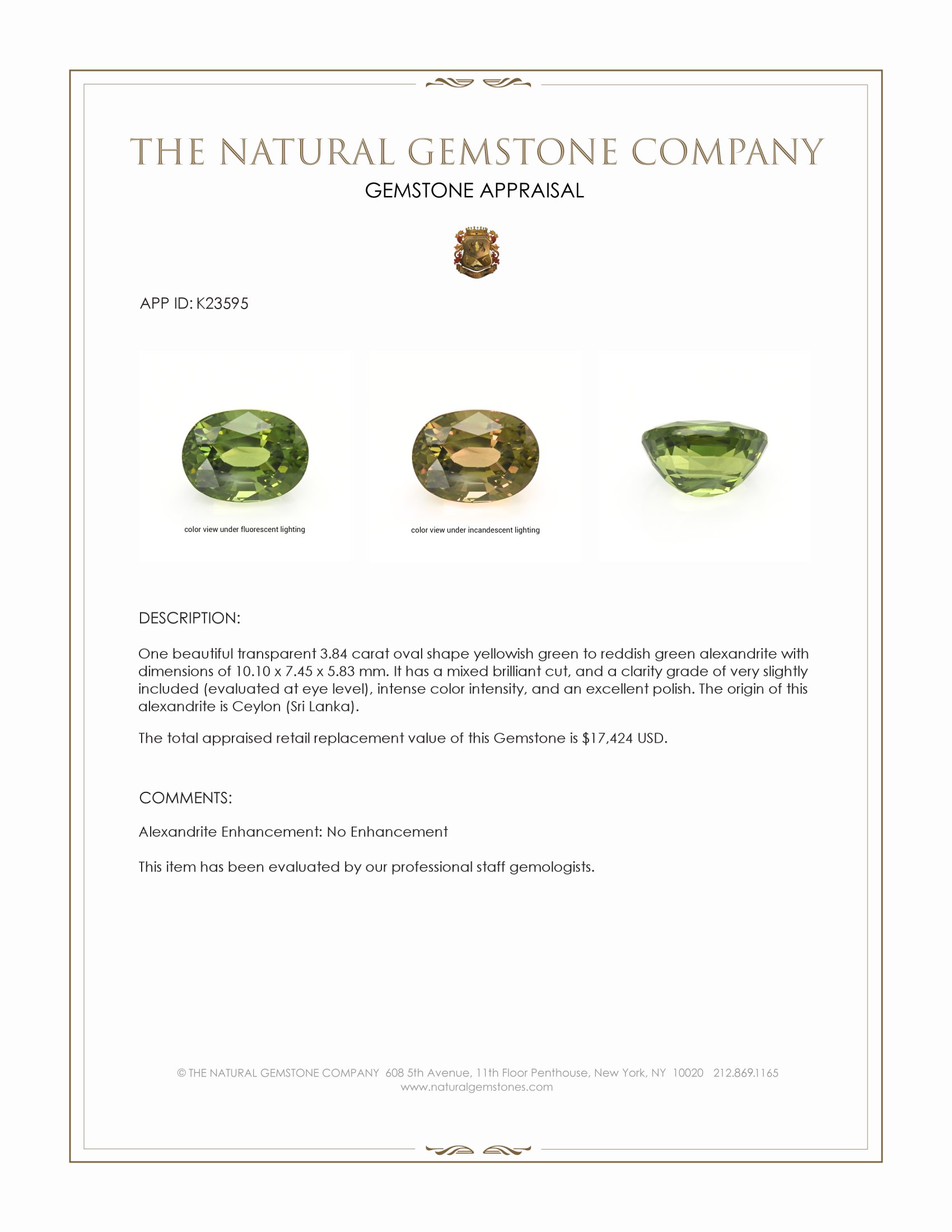 3.84 Ct. Alexandrite from Ceylon (Sri Lanka)