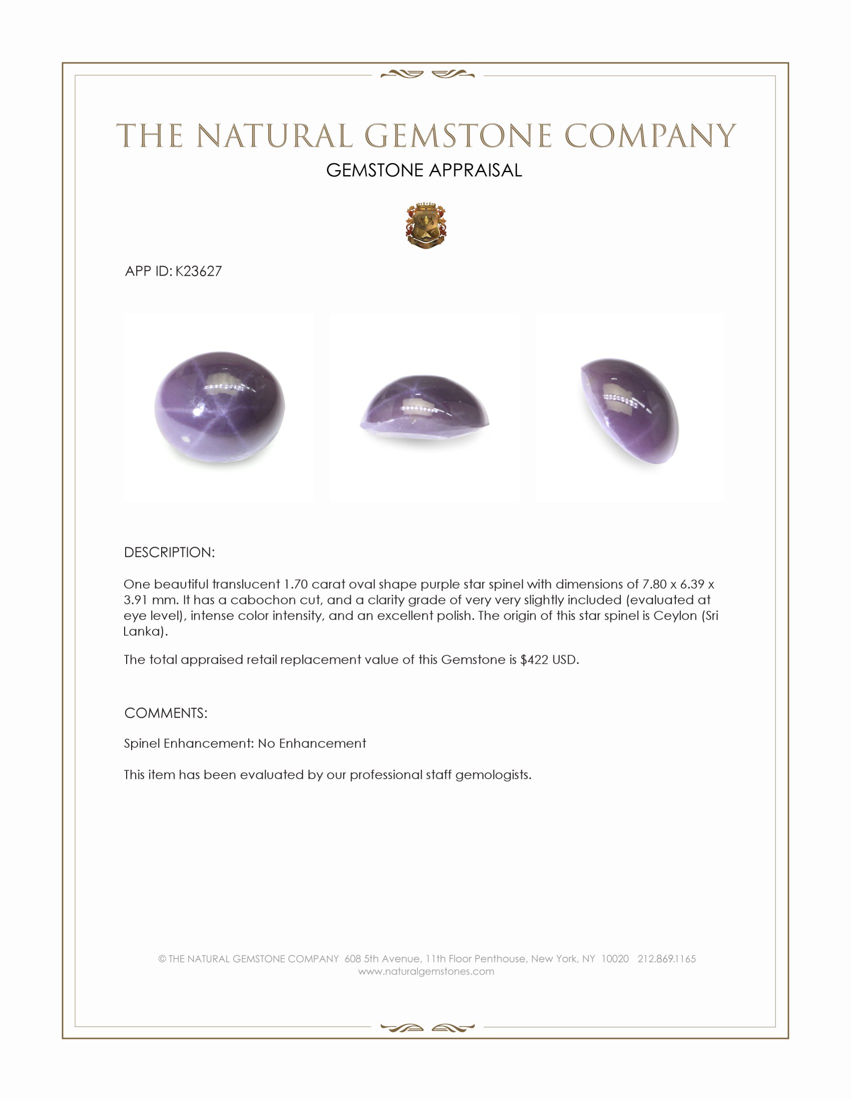 1.70 Ct. Purple Star Spinel from Ceylon (Sri Lanka)