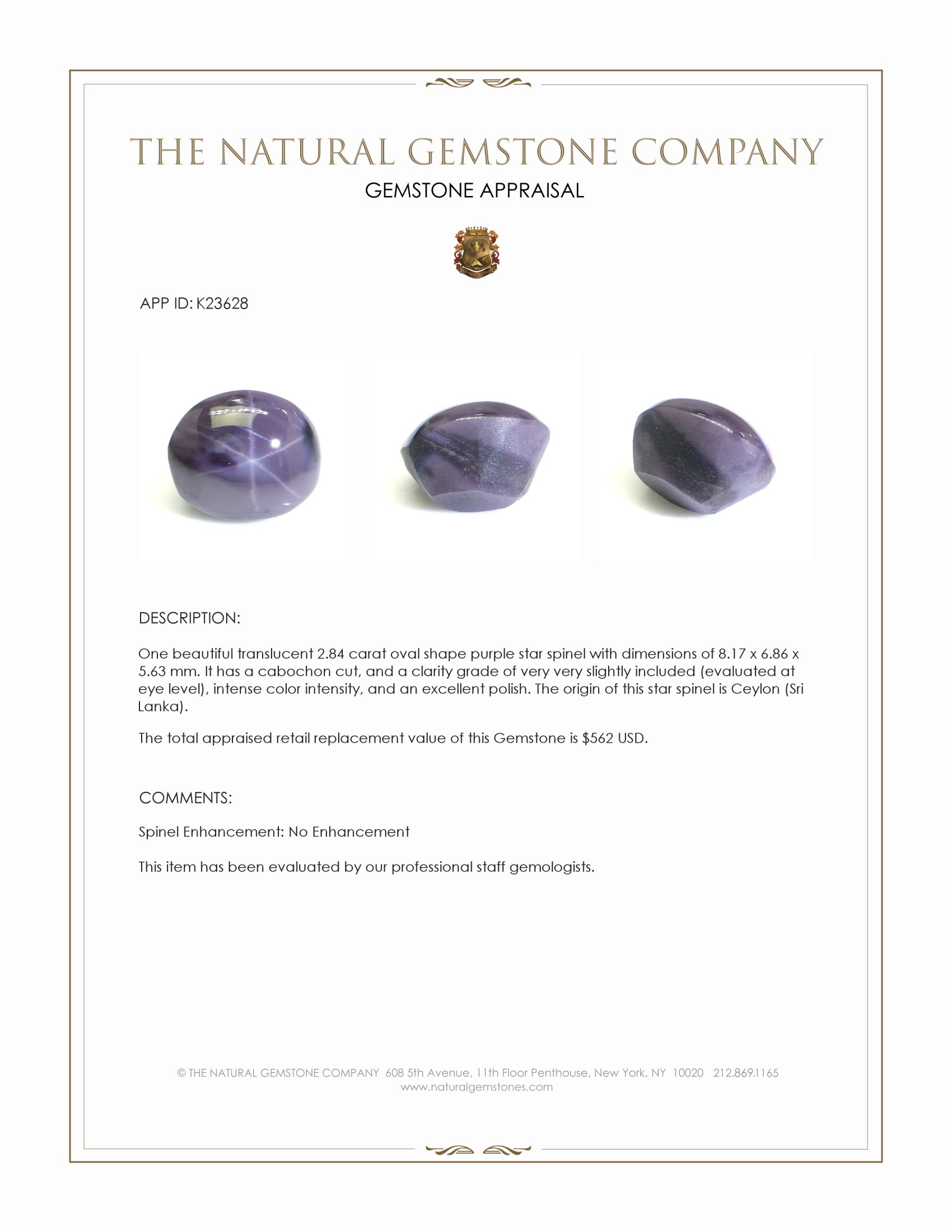 2.84 Ct. Purple Star Spinel from Ceylon (Sri Lanka)