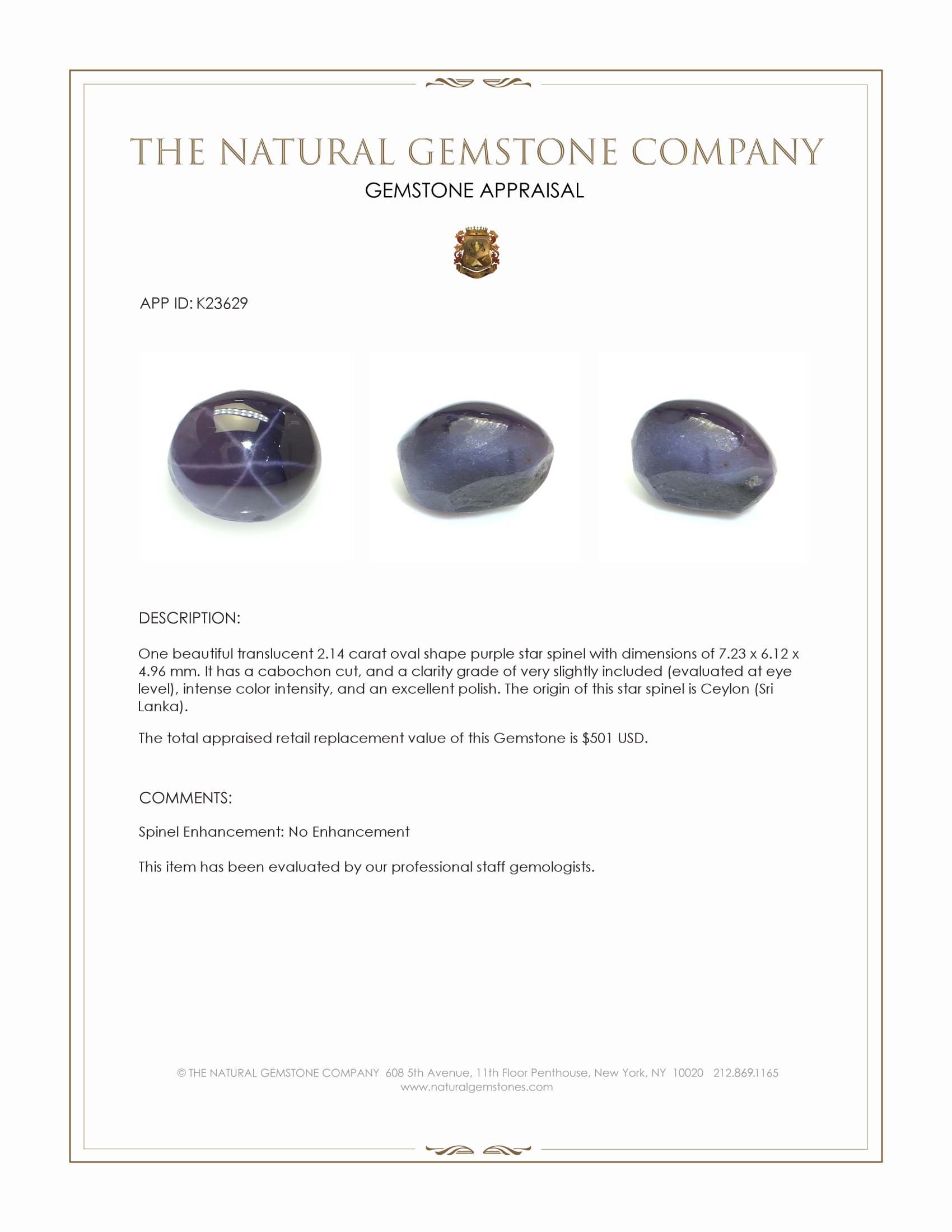 2.14 Ct. Purple Star Spinel from Ceylon (Sri Lanka)