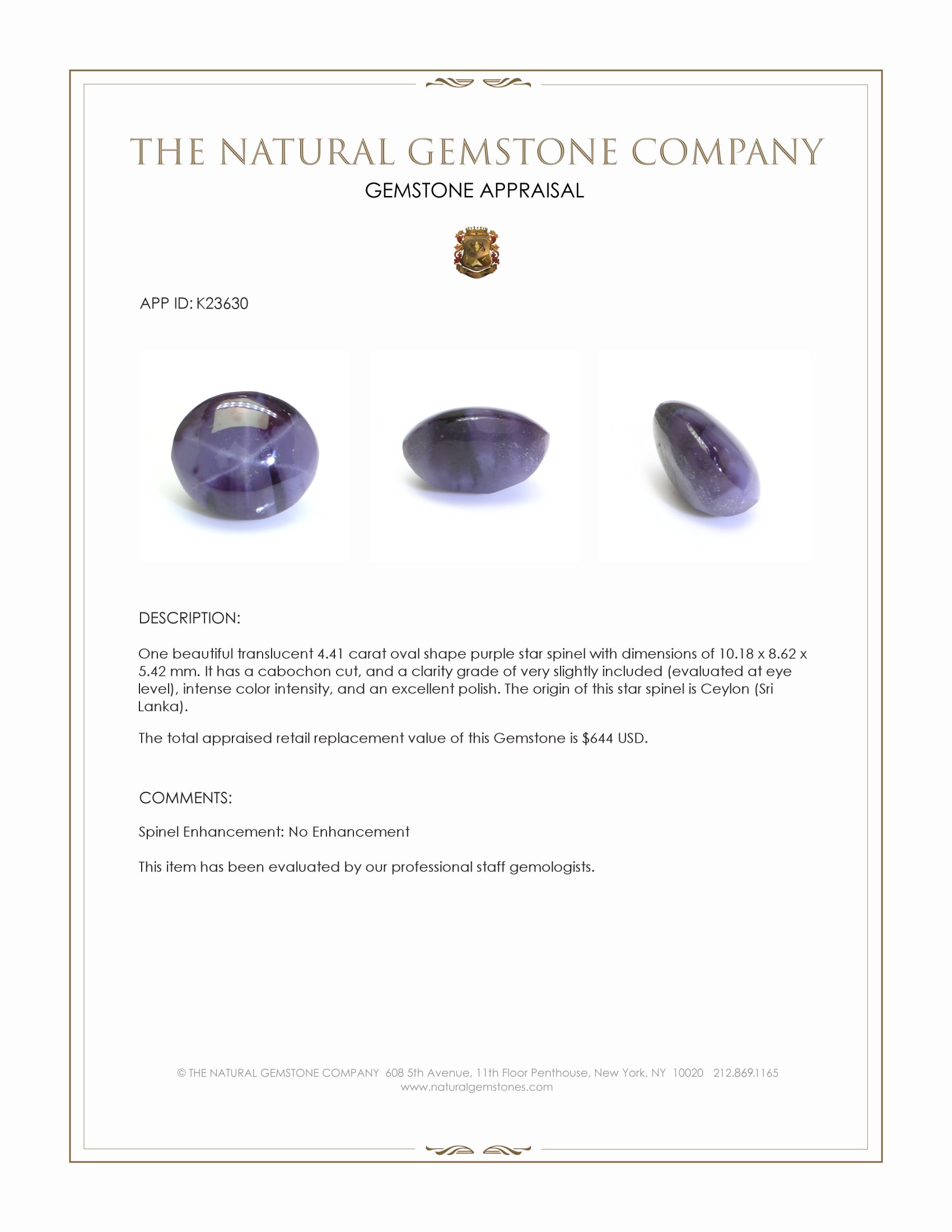 4.41 Ct. Purple Star Spinel from Ceylon (Sri Lanka)