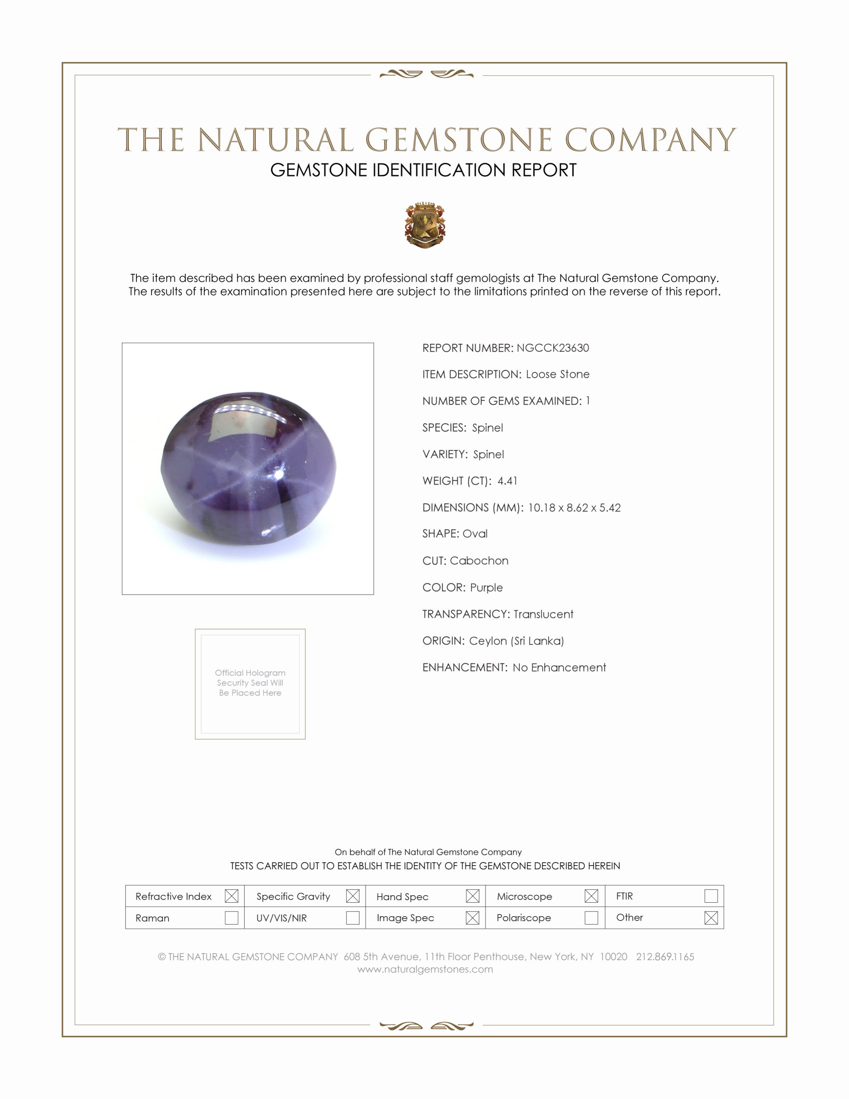 4.41 Ct. Purple Star Spinel from Ceylon (Sri Lanka)