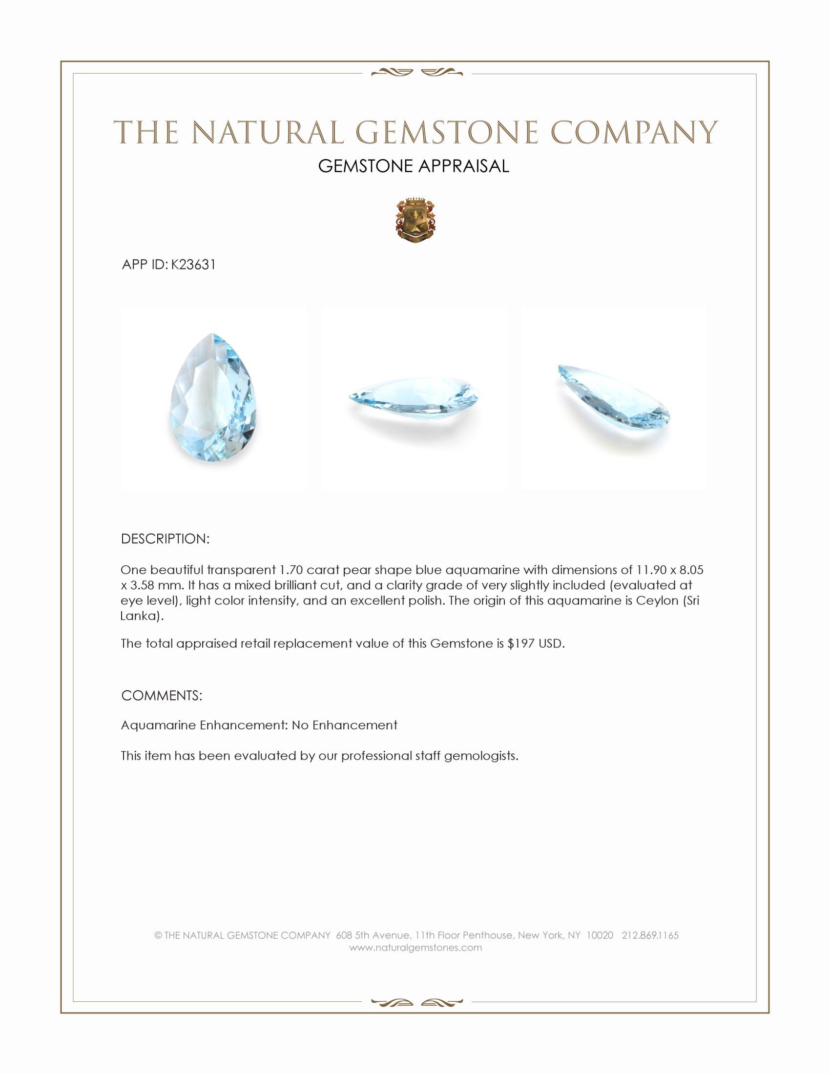 1.70 Ct. Blue Aquamarine from Ceylon (Sri Lanka)