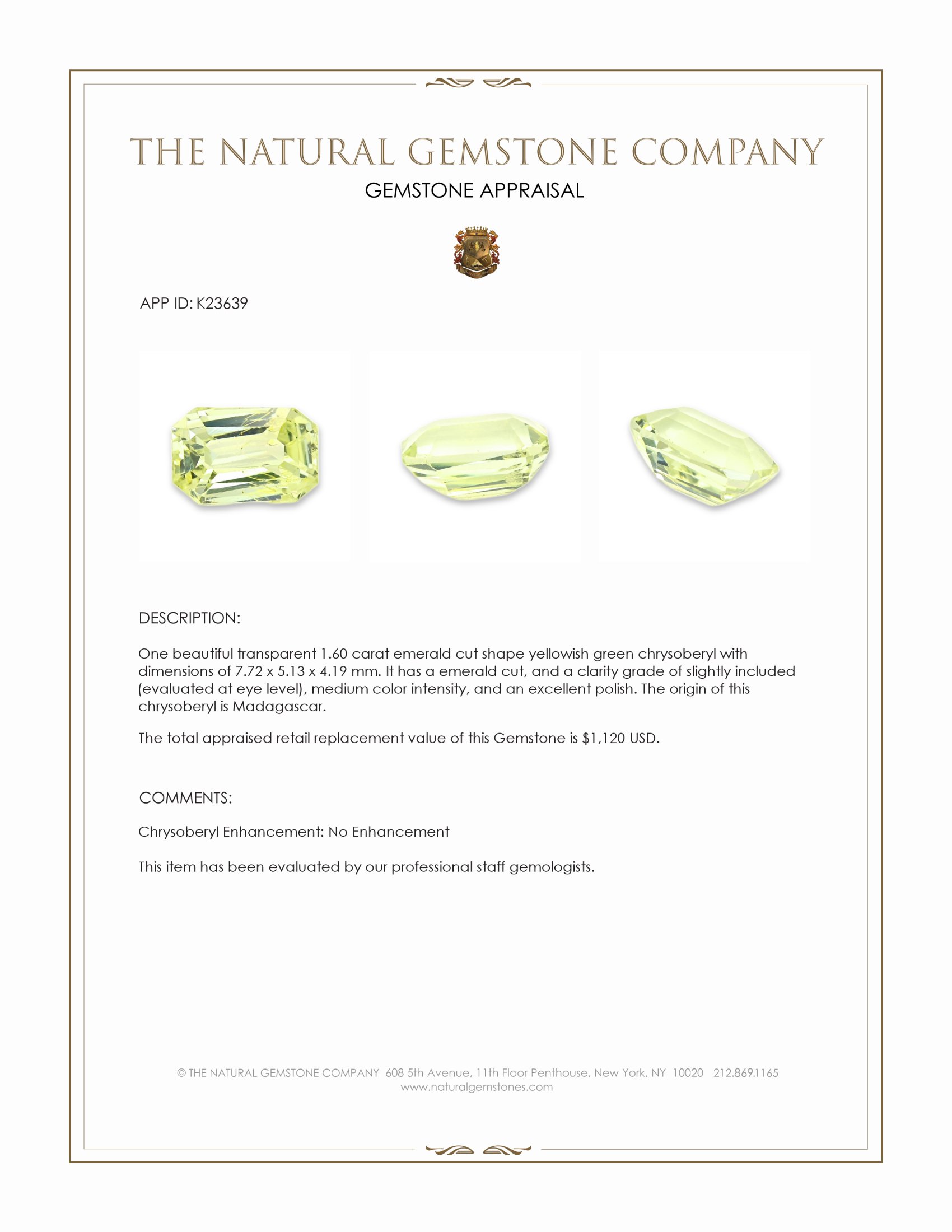 1.60 Ct. Yellow Chrysoberyl from Madagascar