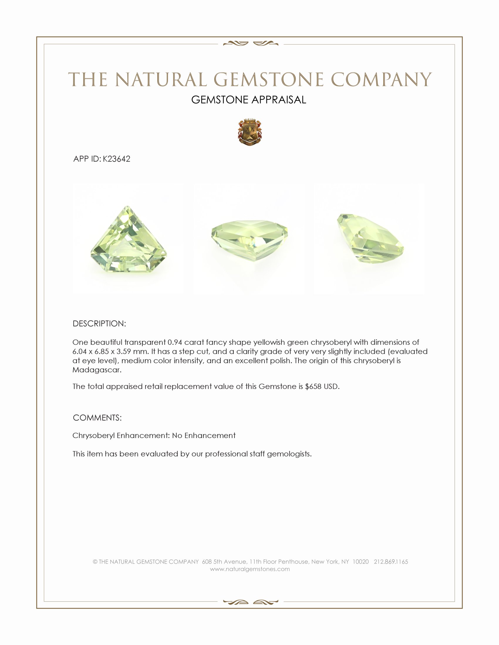 0.94 Ct. Yellowish Green Chrysoberyl from Madagascar