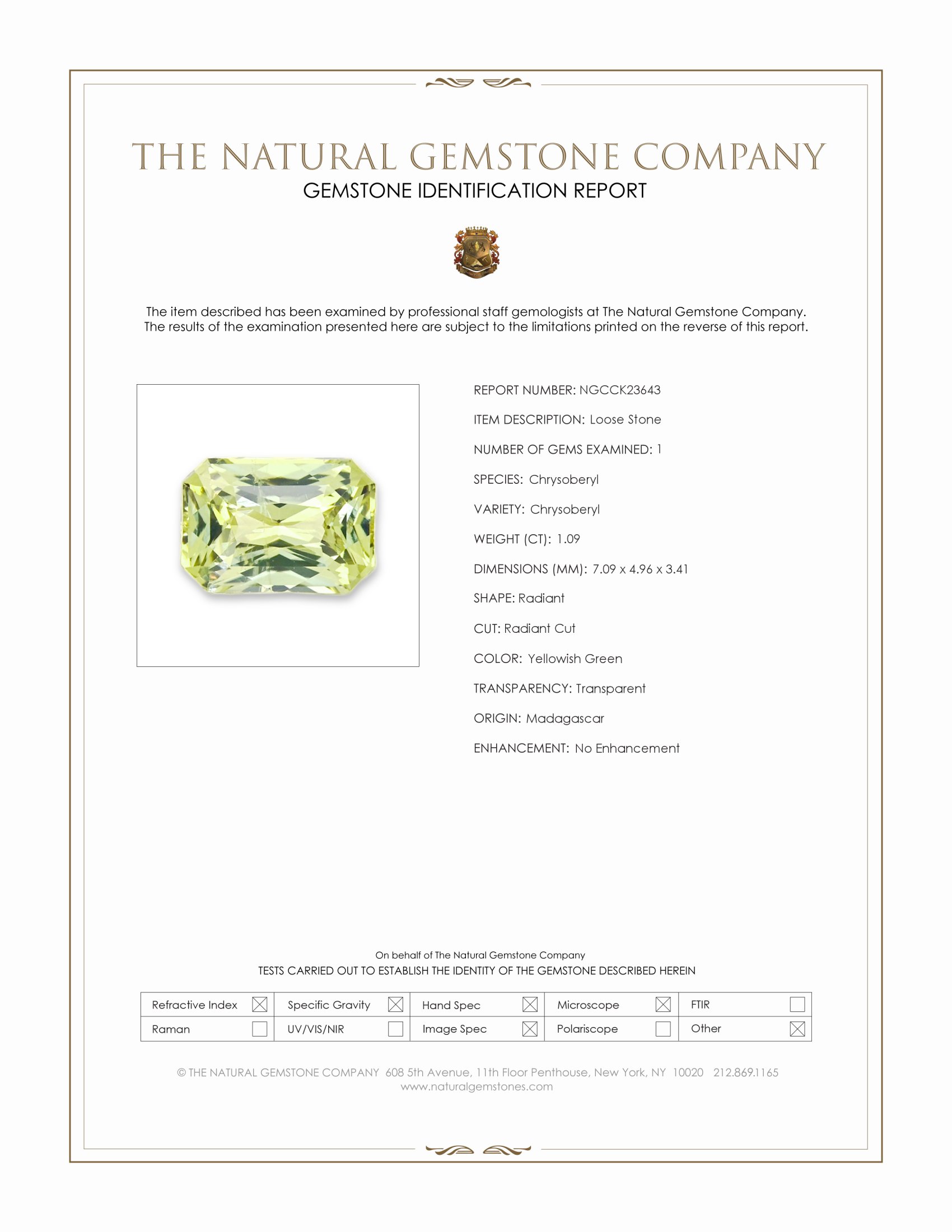 1.09 Ct. Yellowish Green Chrysoberyl from Madagascar