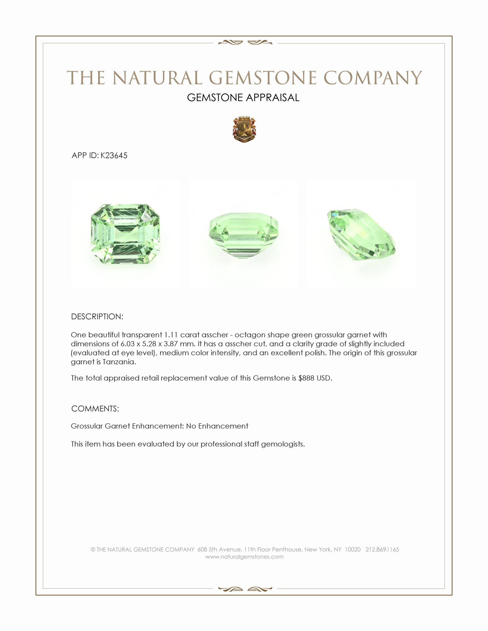1.11 Ct. Green Grossular Garnet from Tanzania