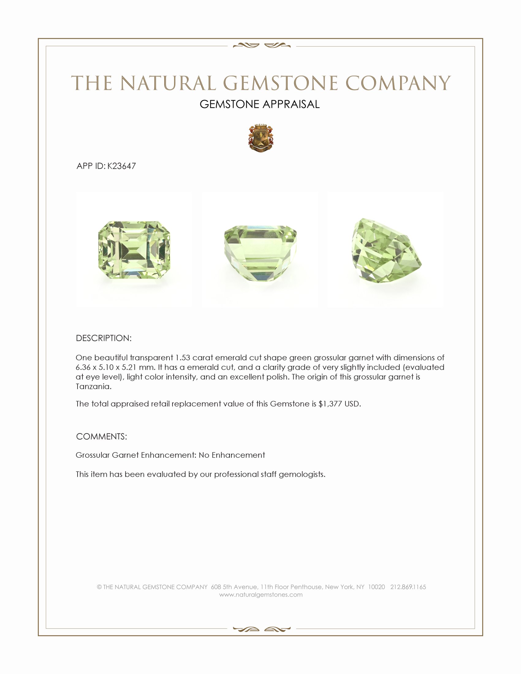 1.53 Ct. Green Grossular Garnet from Tanzania