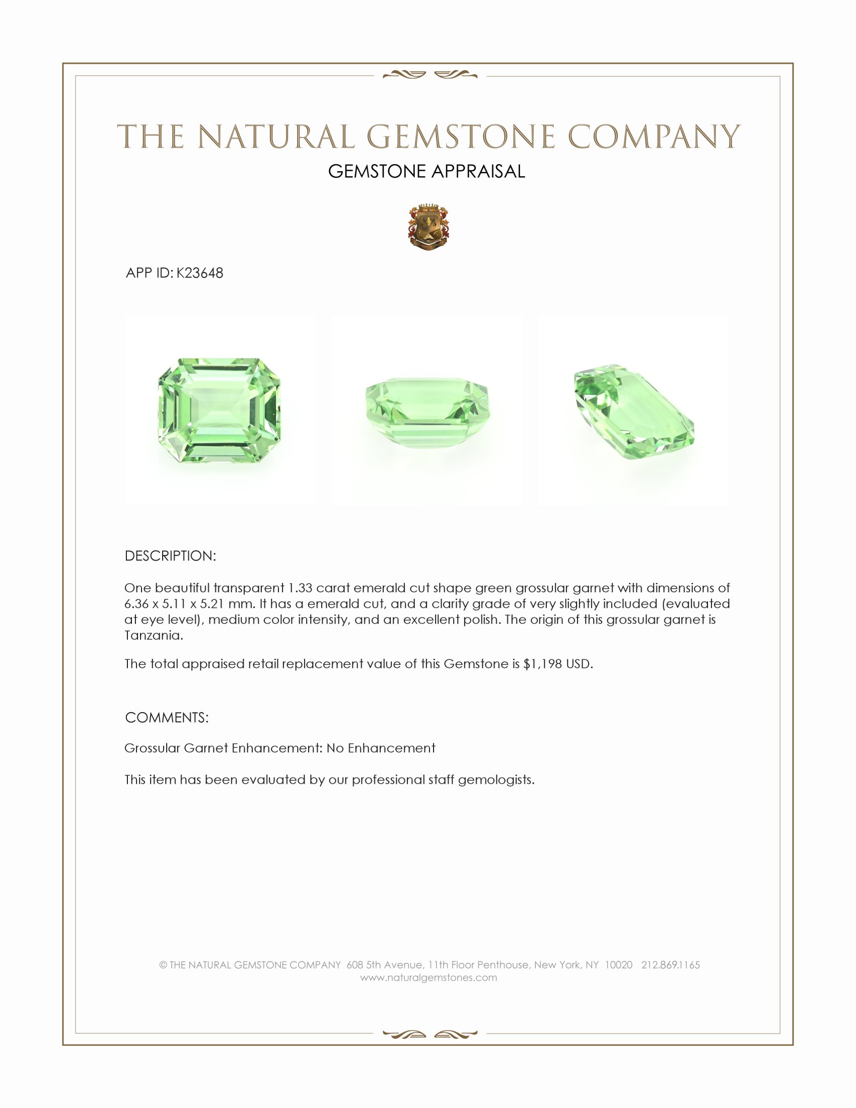 1.33 Ct. Green Grossular Garnet from Tanzania