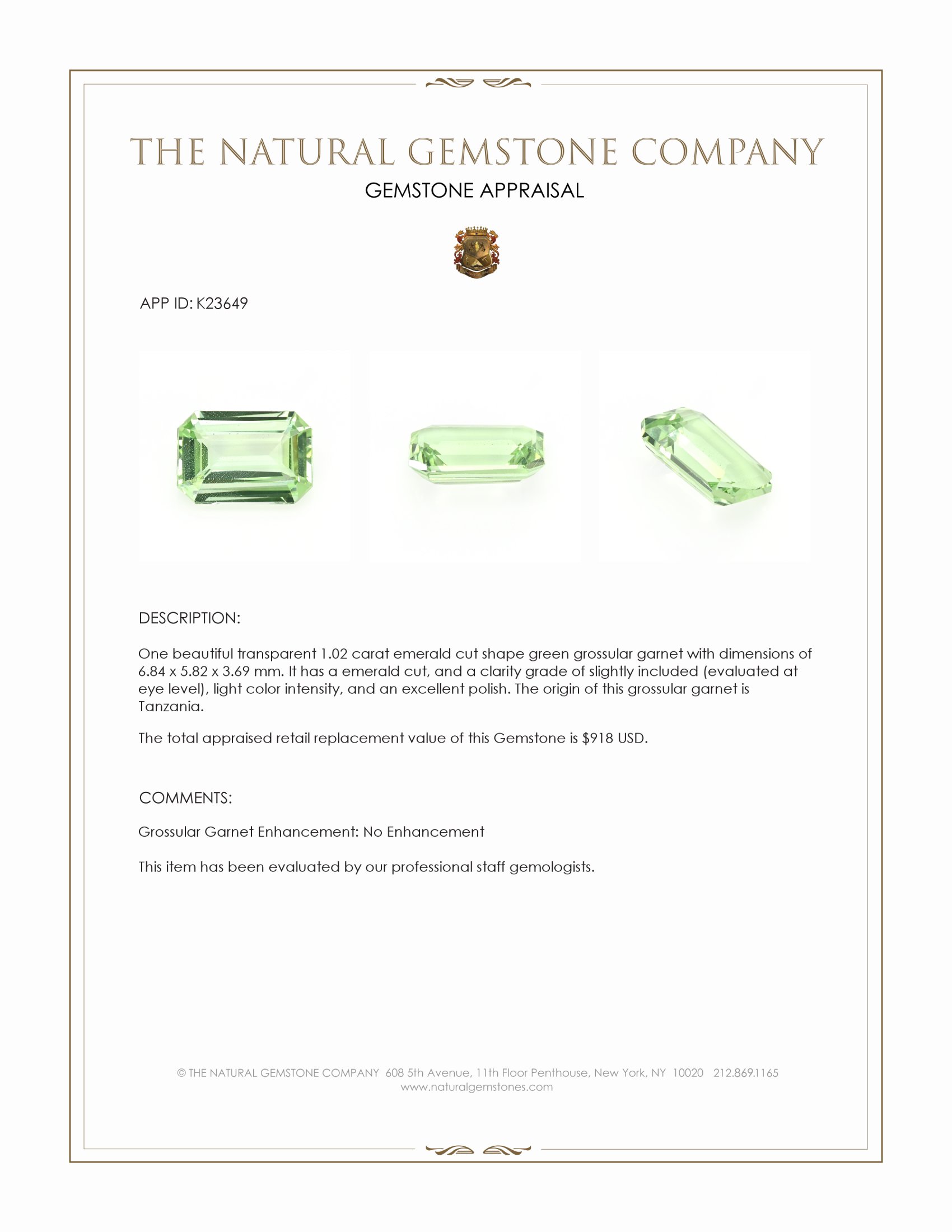 1.02 Ct. Green Grossular Garnet from Tanzania