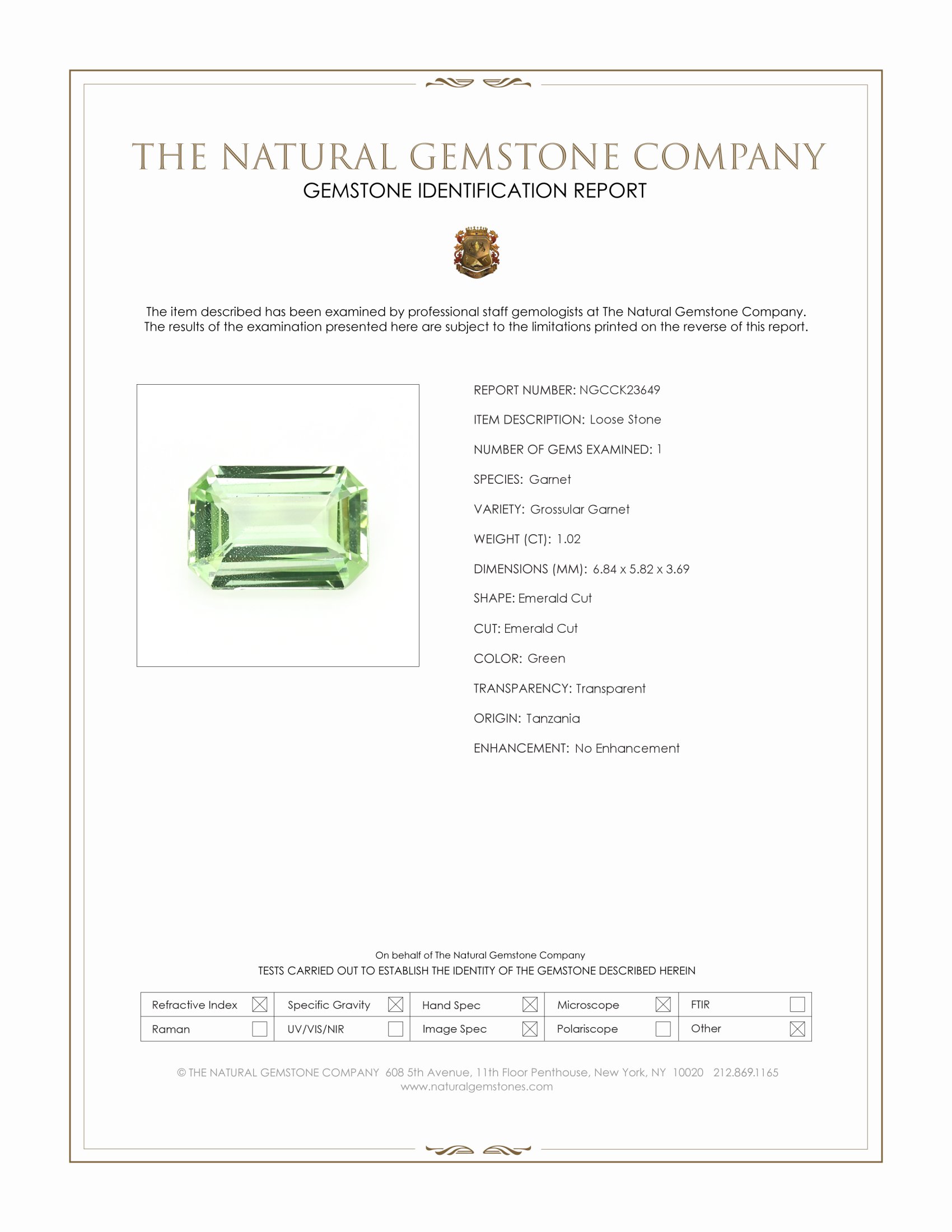 1.02 Ct. Green Grossular Garnet from Tanzania