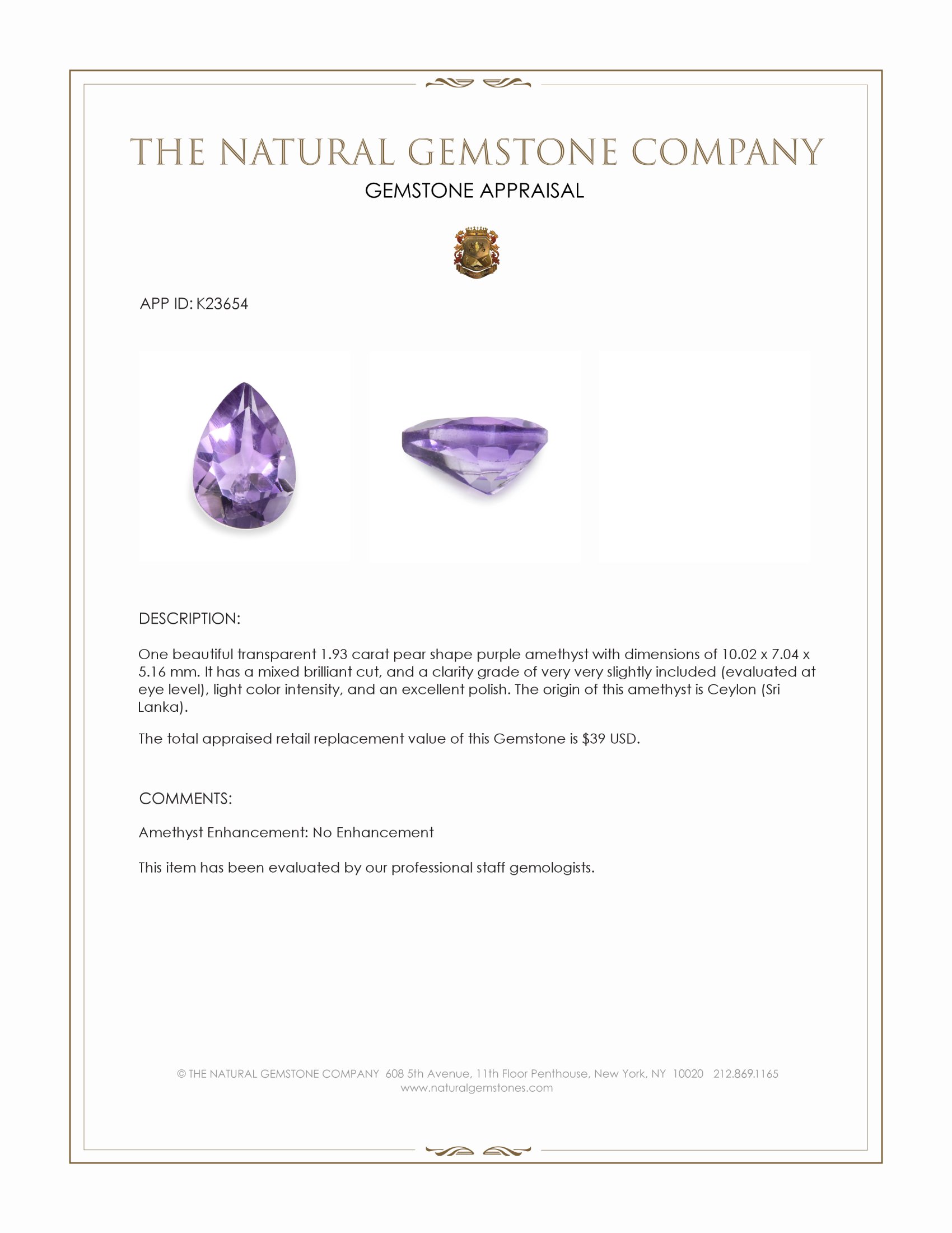 1.93 Ct. Purple Amethyst from Ceylon (Sri Lanka)