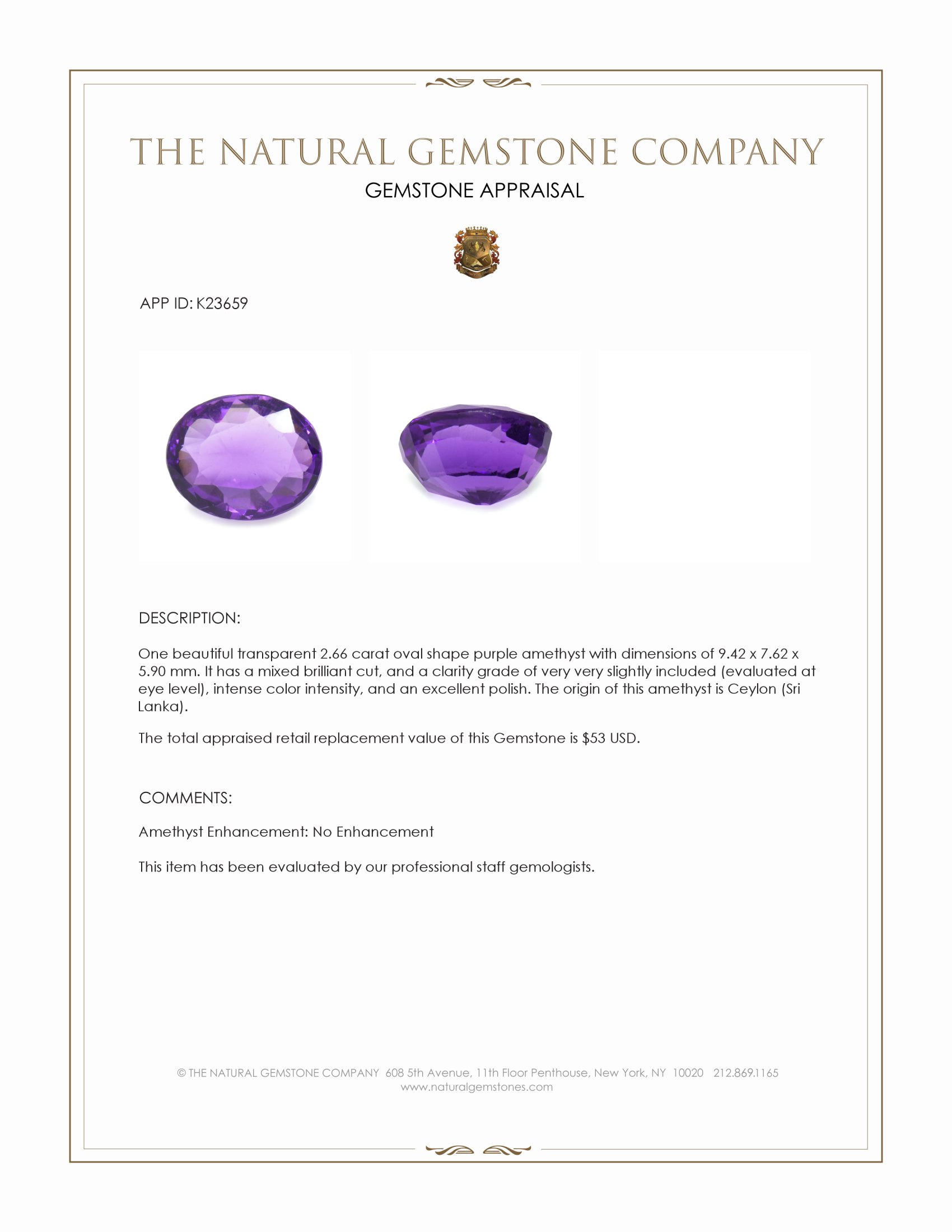 2.66 Ct. Purple Amethyst from Ceylon (Sri Lanka)