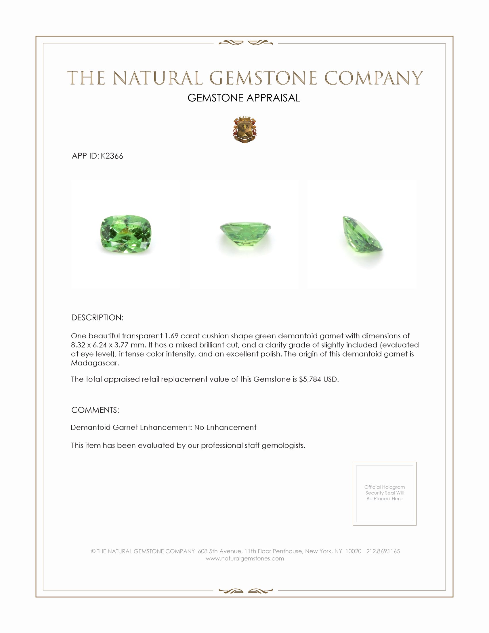 1.69 Ct. Demantoid Garnet from Madagascar