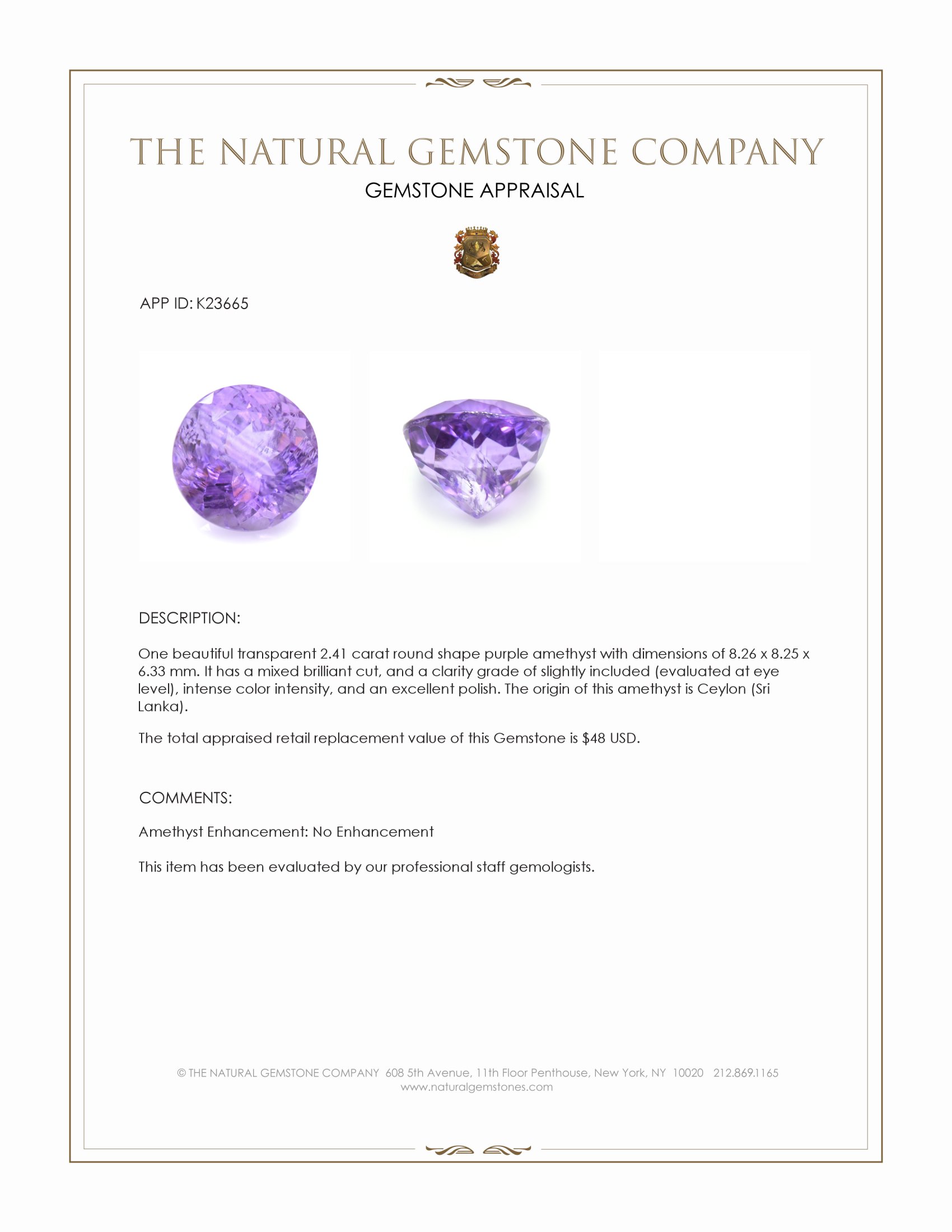 2.41 Ct. Purple Amethyst from Ceylon (Sri Lanka)