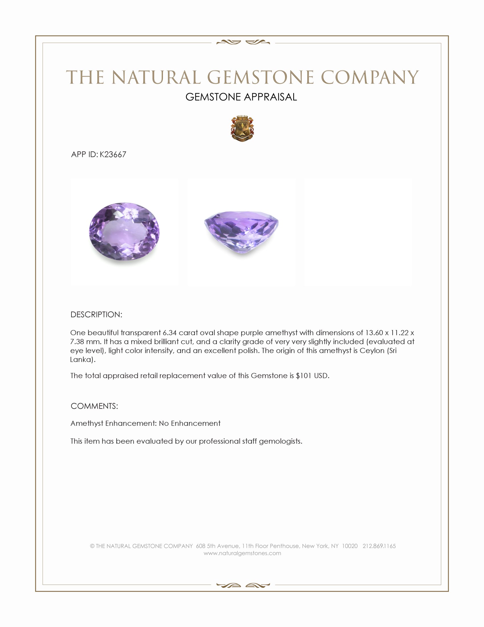 6.34 Ct. Purple Amethyst from Ceylon (Sri Lanka)