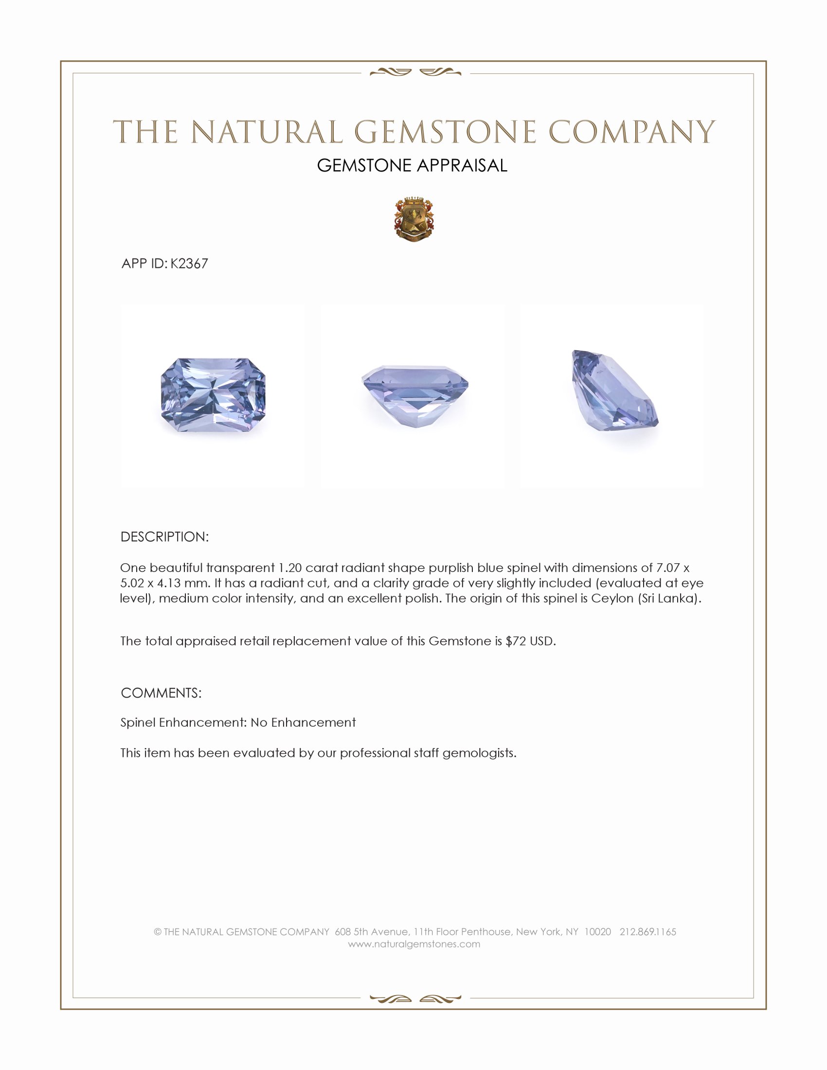 1.20 Ct. Spinel from Ceylon (Sri Lanka)