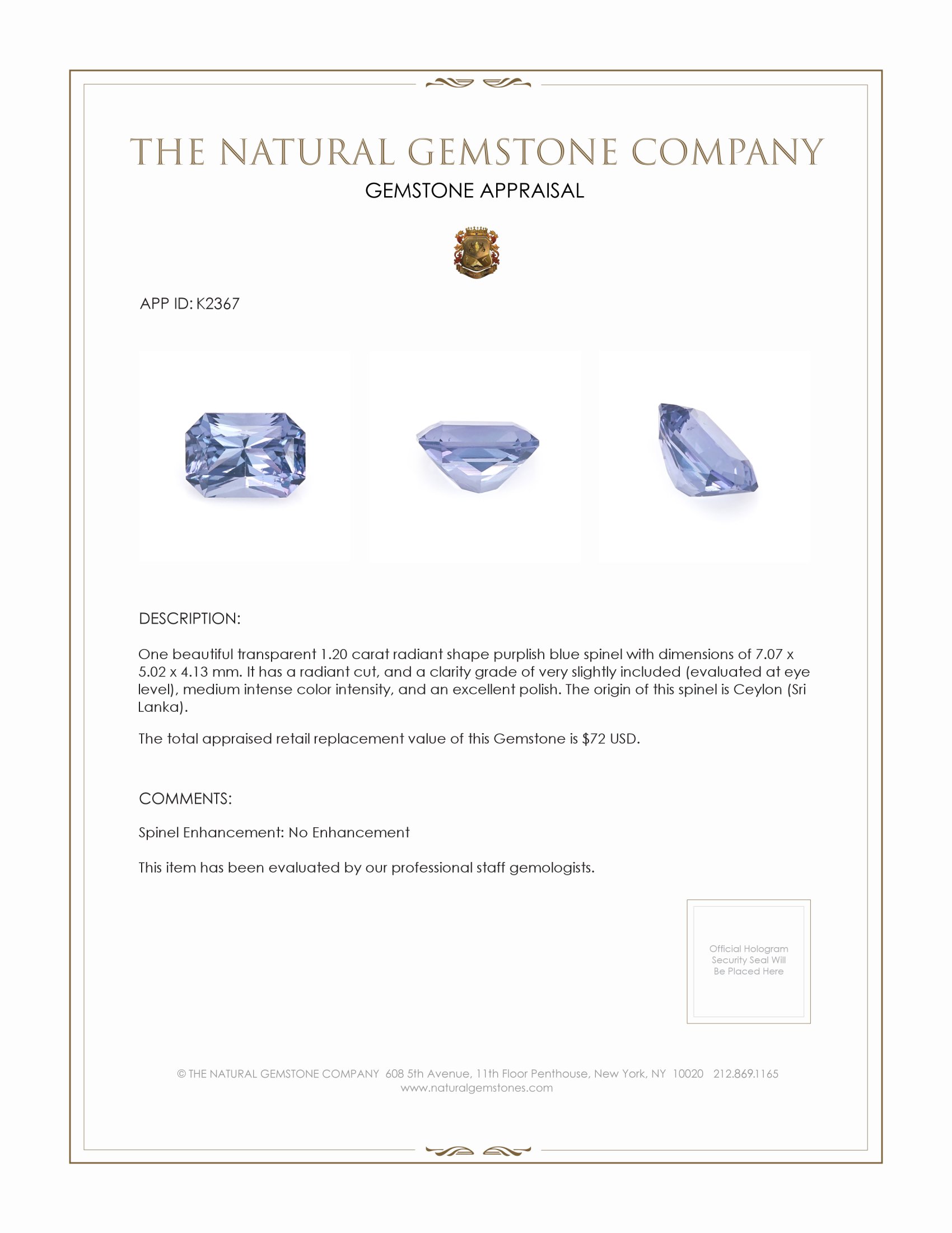 1.20 Ct. Spinel from Ceylon (Sri Lanka)