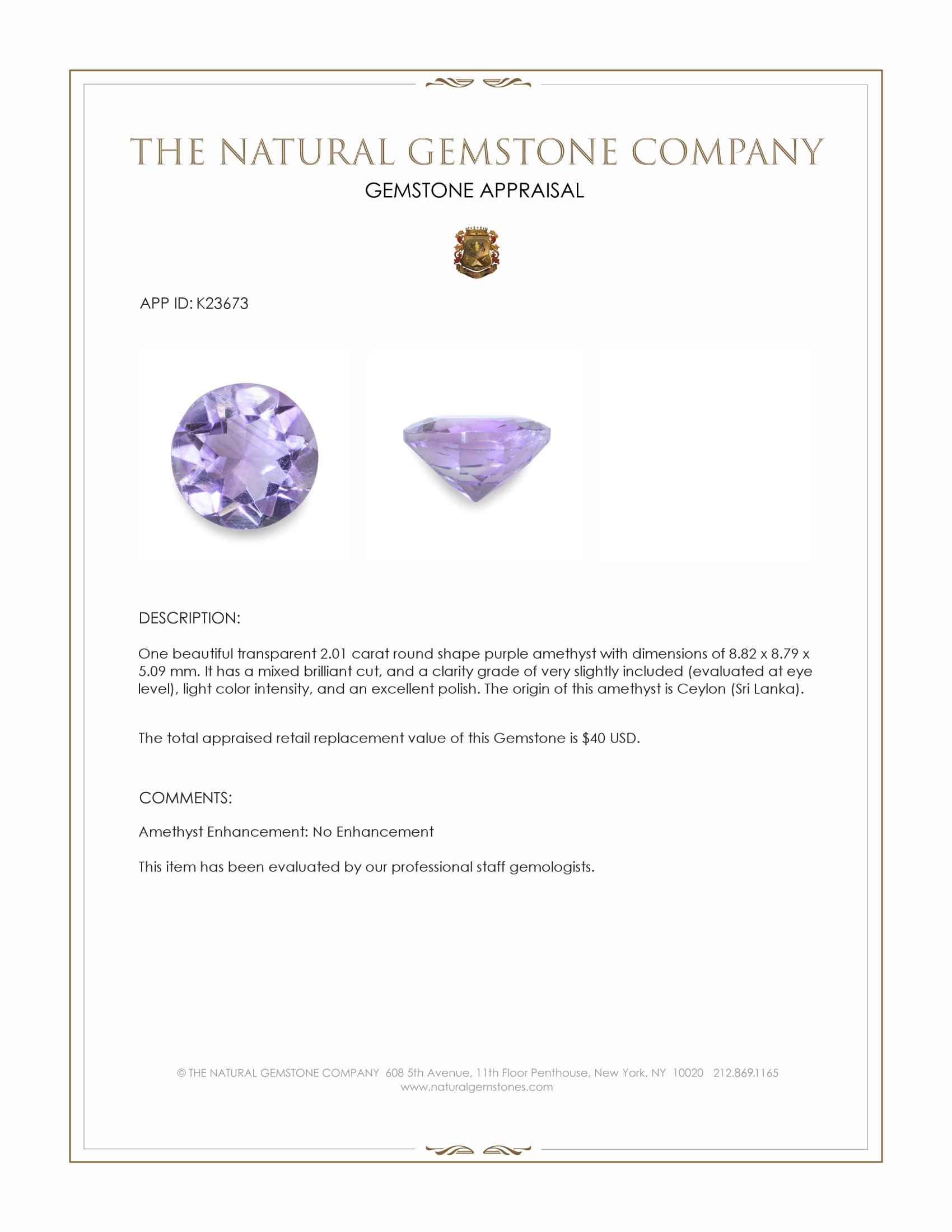 2.01 Ct. Purple Amethyst from Ceylon (Sri Lanka)