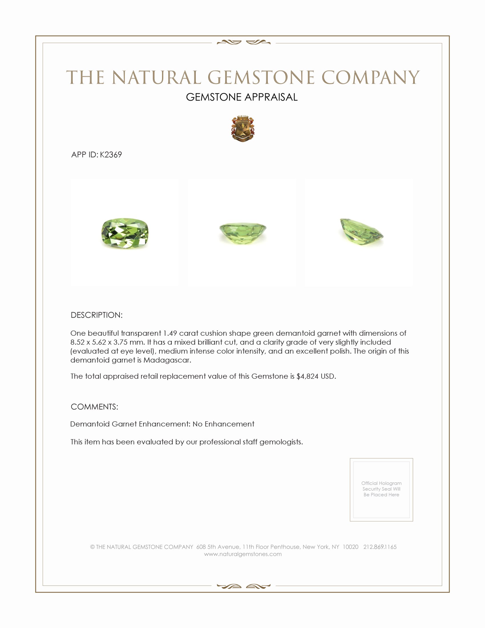 1.49 Ct. Demantoid Garnet from Madagascar