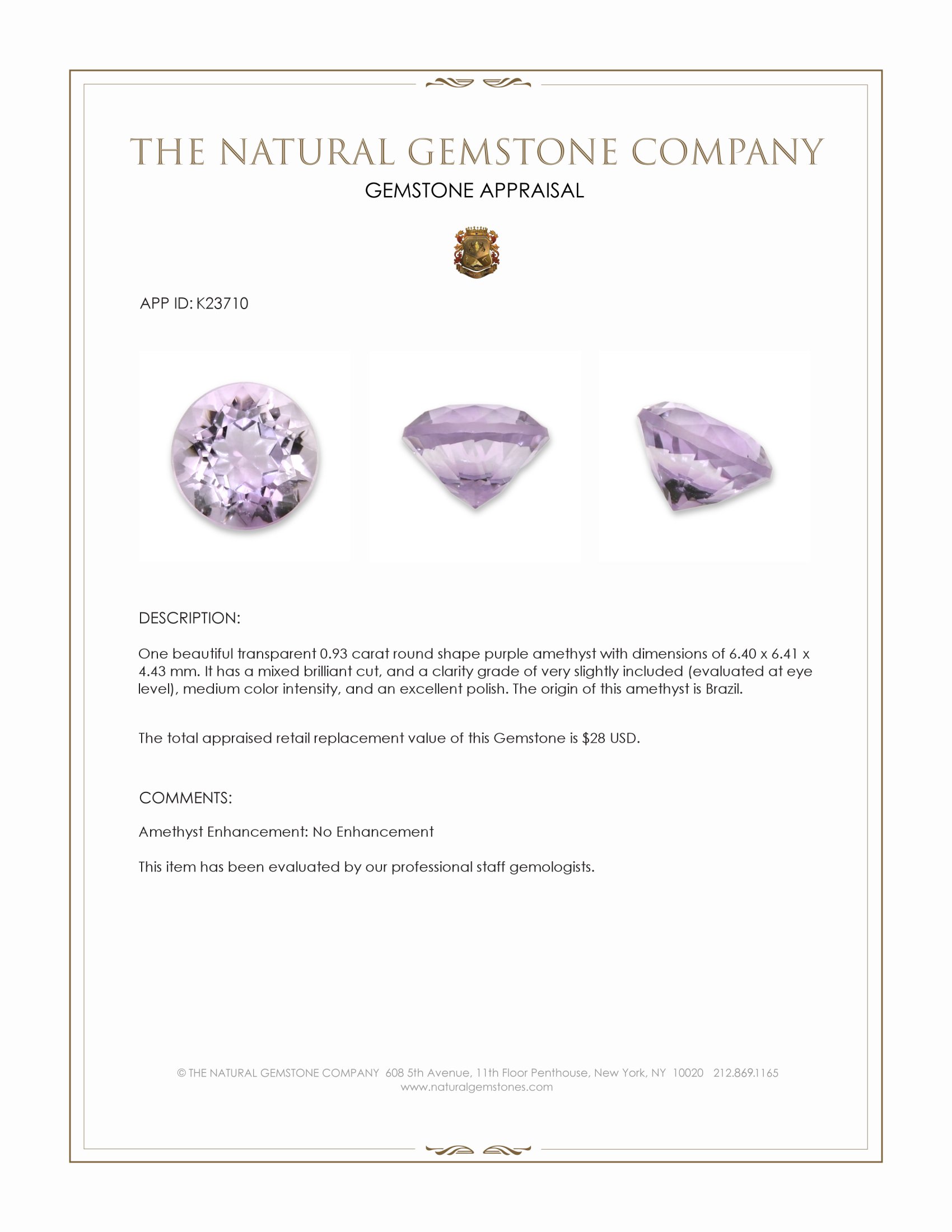 0.93 Ct. Purple Amethyst from Brazil