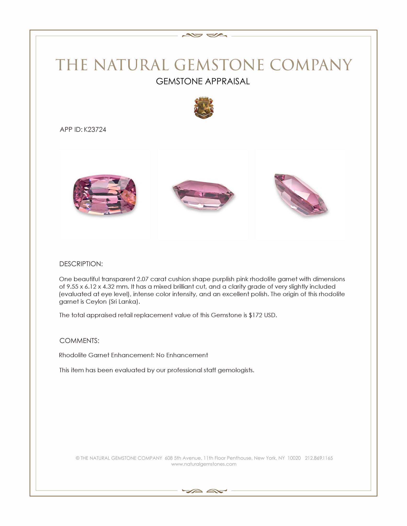 2.07 Ct. Purplish Pink Rhodolite Garnet from Ceylon (Sri Lanka)