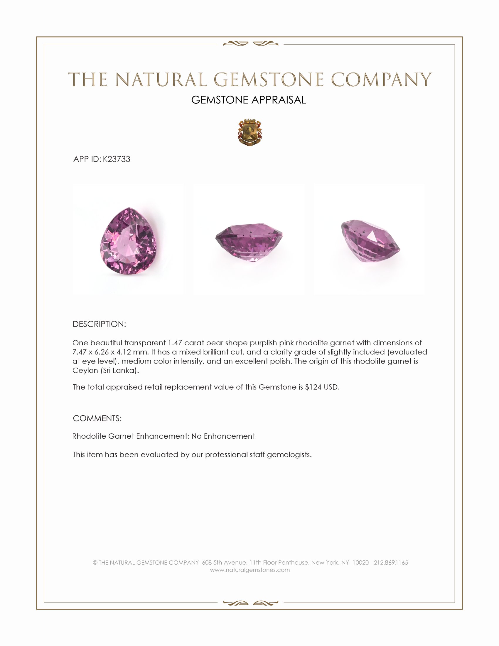 1.47 Ct. Purplish Pink Rhodolite Garnet from Ceylon (Sri Lanka)