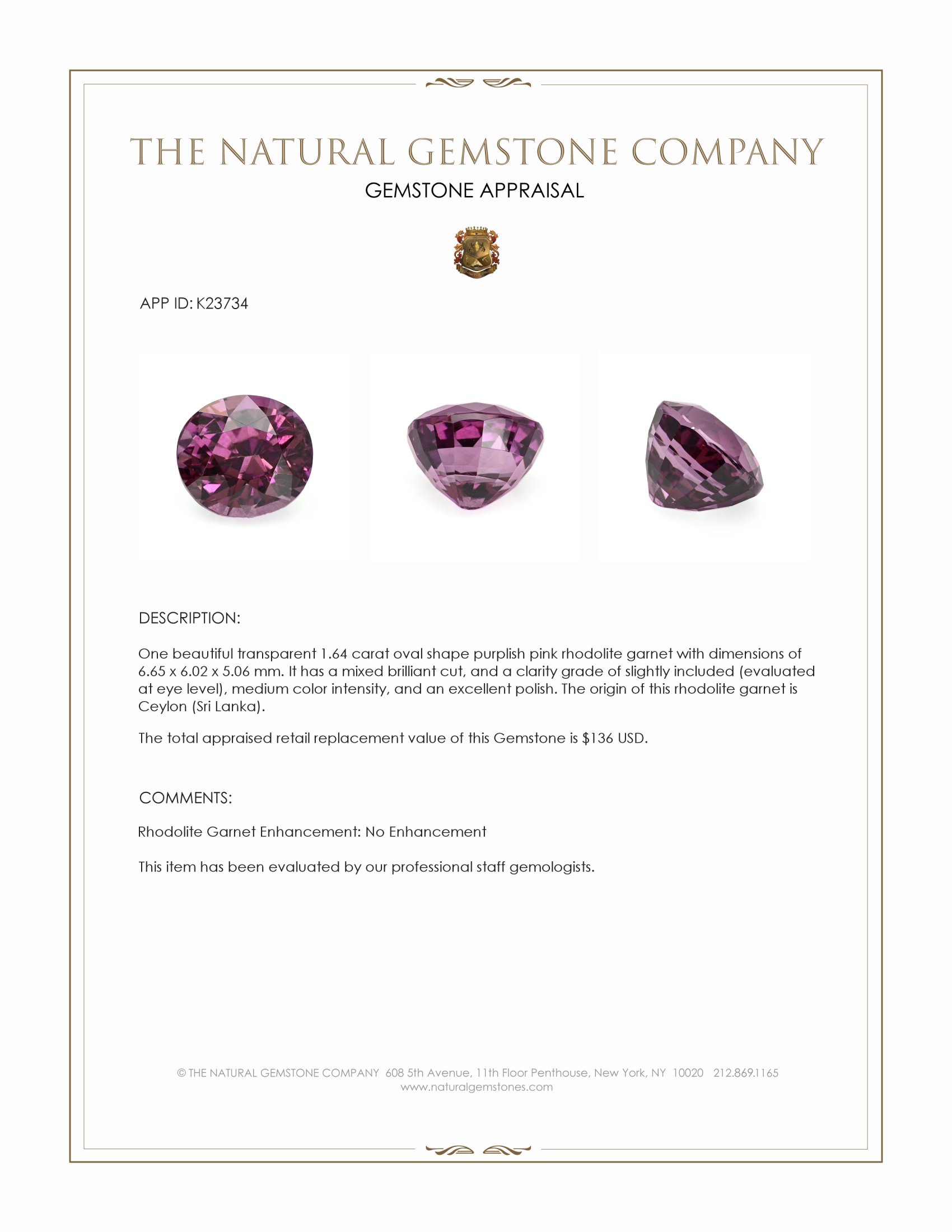 1.64 Ct. Purplish Pink Rhodolite Garnet from Ceylon (Sri Lanka)