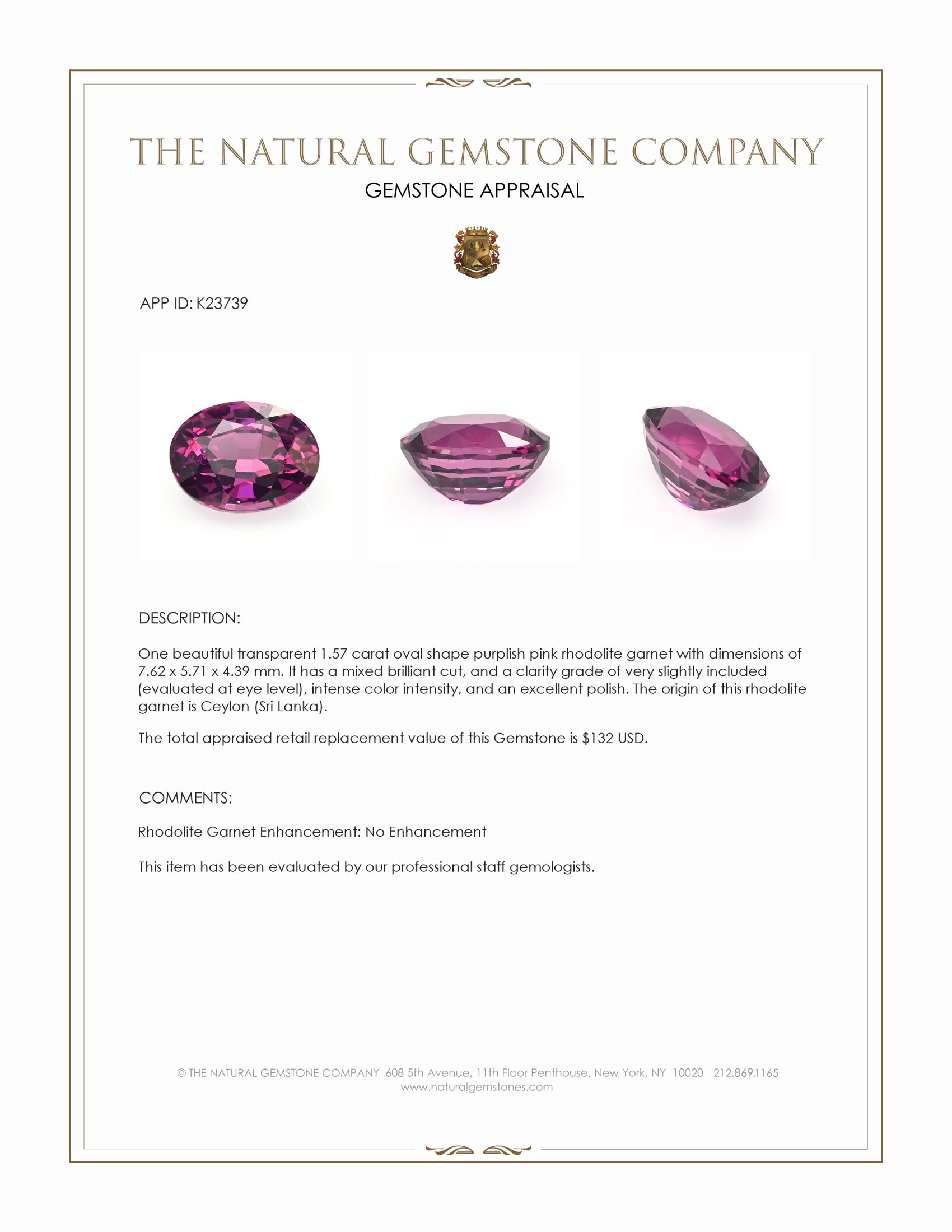 1.57 Ct. Purplish Pink Rhodolite Garnet from Ceylon (Sri Lanka)