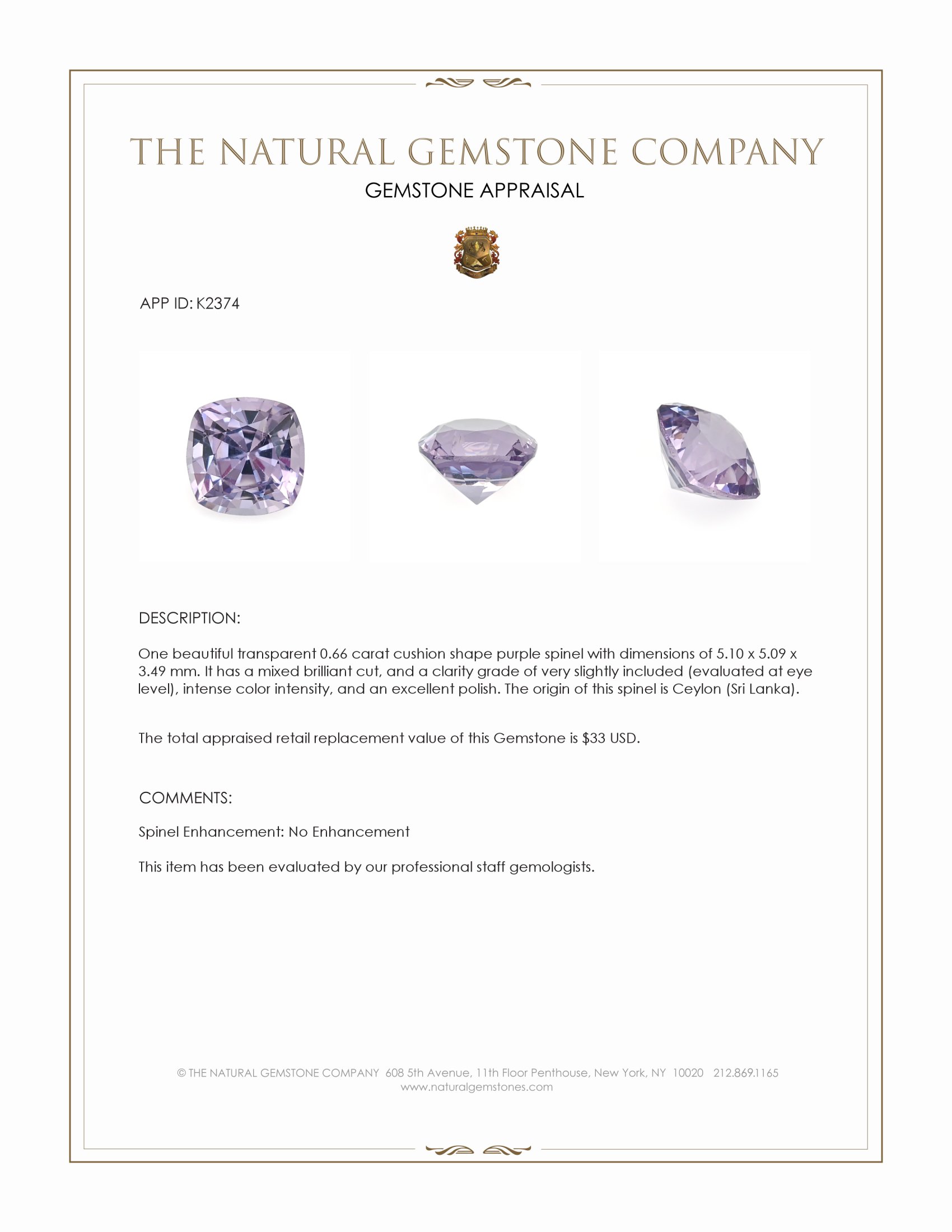 0.66 Ct. Purple Spinel from Ceylon (Sri Lanka)
