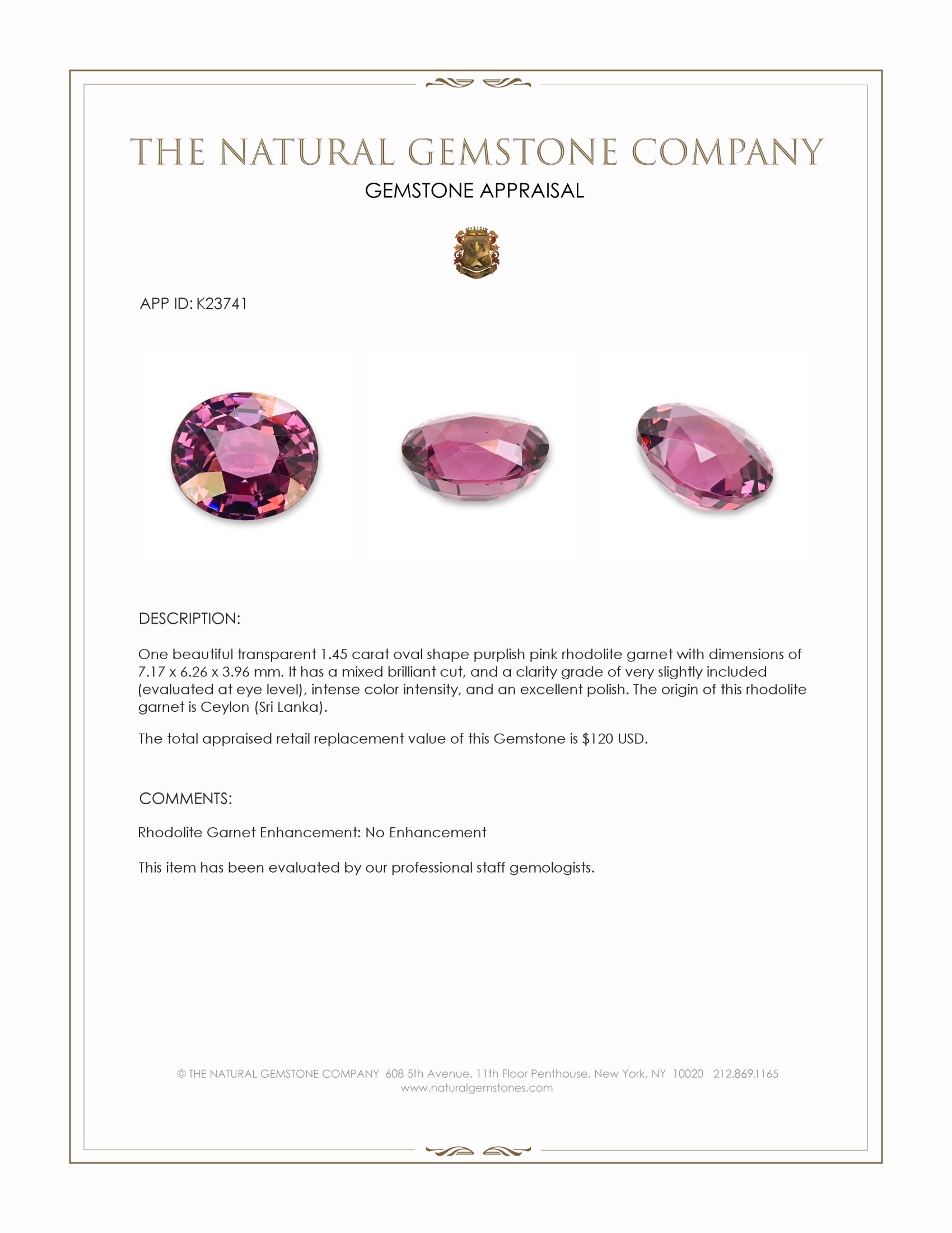 1.45 Ct. Purplish Pink Rhodolite Garnet from Ceylon (Sri Lanka)