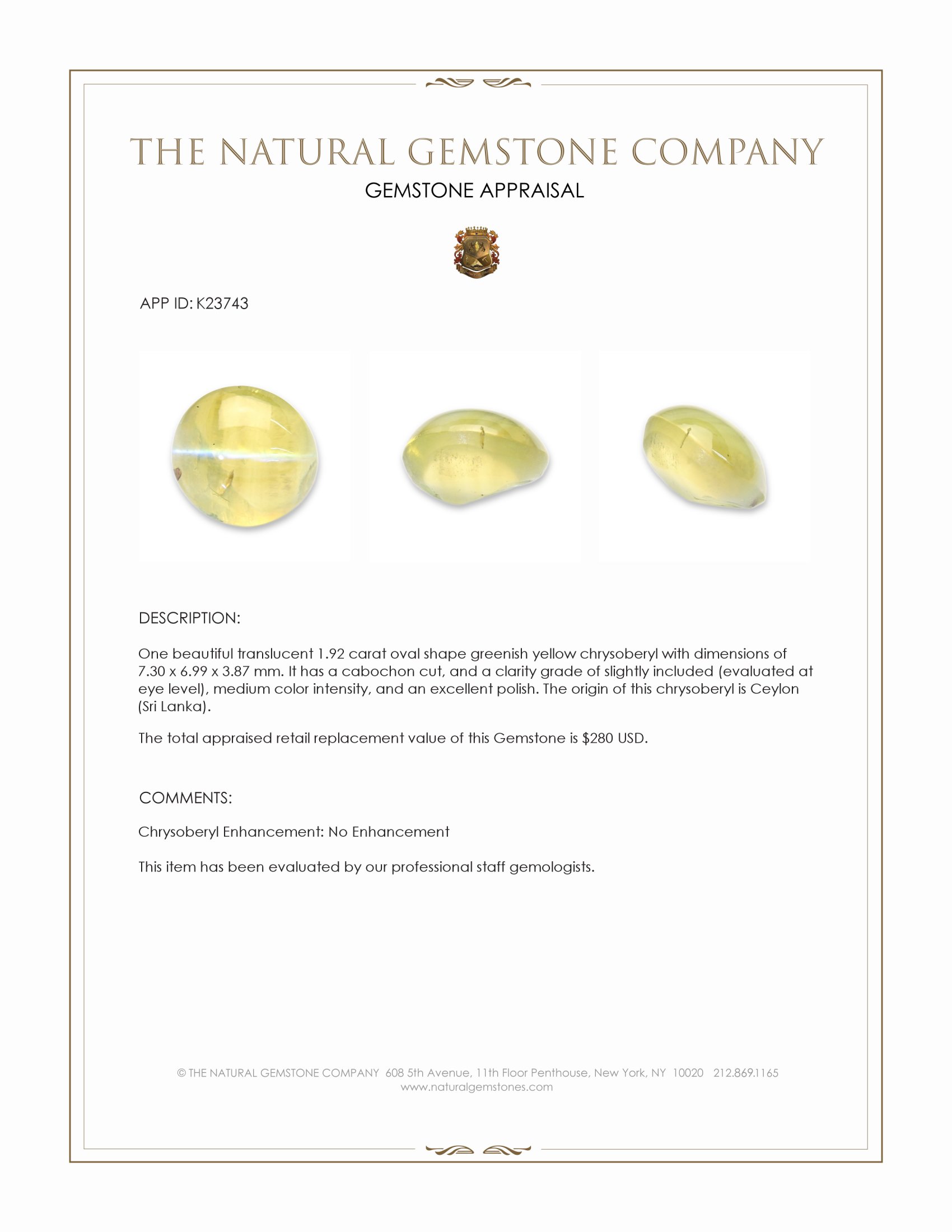 1.92 Ct. Greenish Yellow Cabochon Chrysoberyl from Ceylon (Sri Lanka)