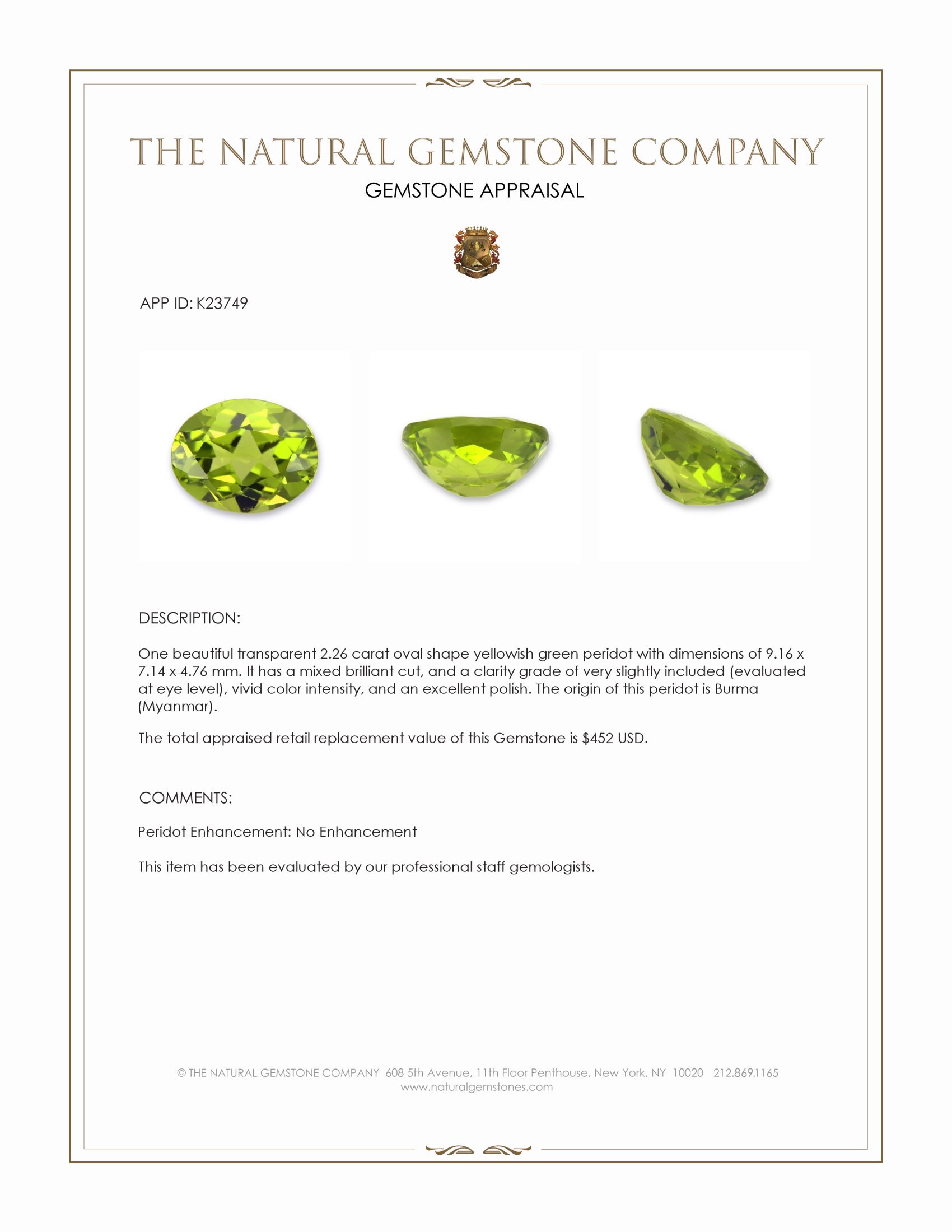 2.26 Ct. Yellowish Green Peridot from Burma (Myanmar)