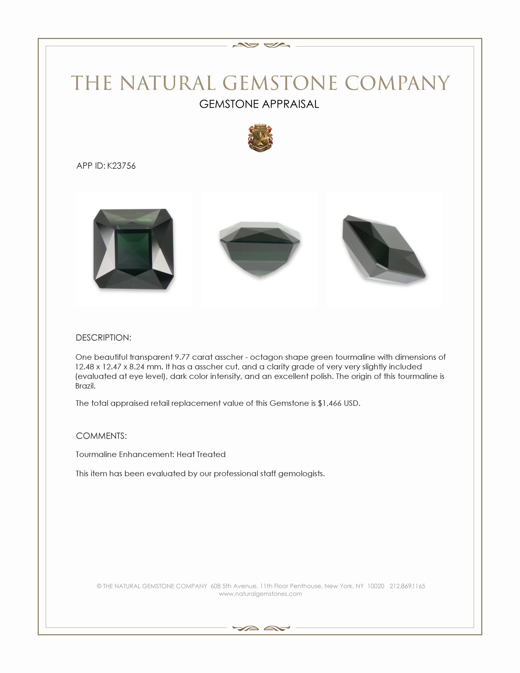 9.77 Ct. Green Tourmaline from Brazil