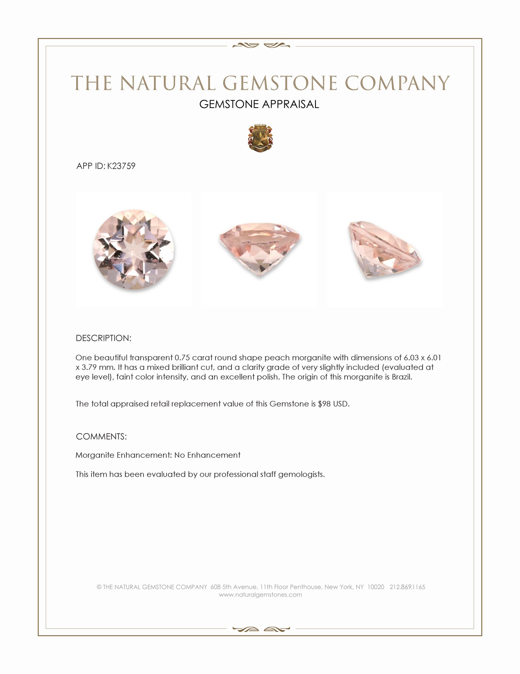 0.75 Ct. Peach Morganite from Brazil