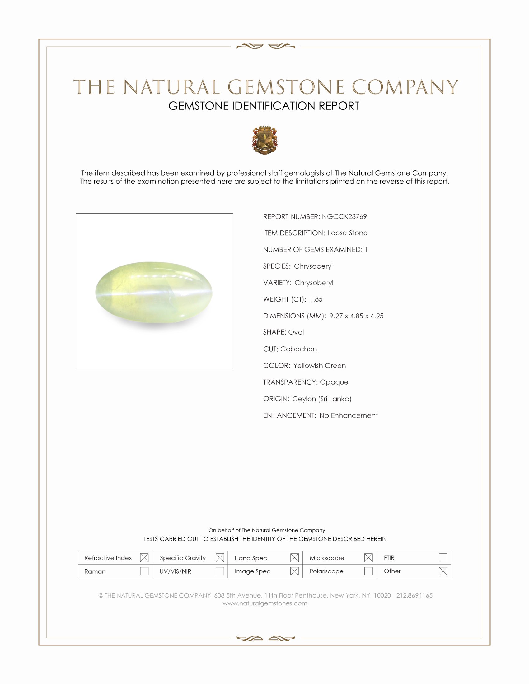 1.85 Ct. Yellowish Green Cabochon Chrysoberyl from Ceylon (Sri Lanka)