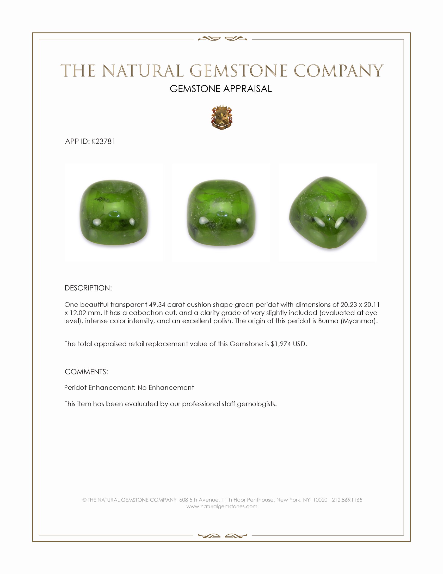 49.34 Ct. Green Cabochon Peridot from Burma (Myanmar)