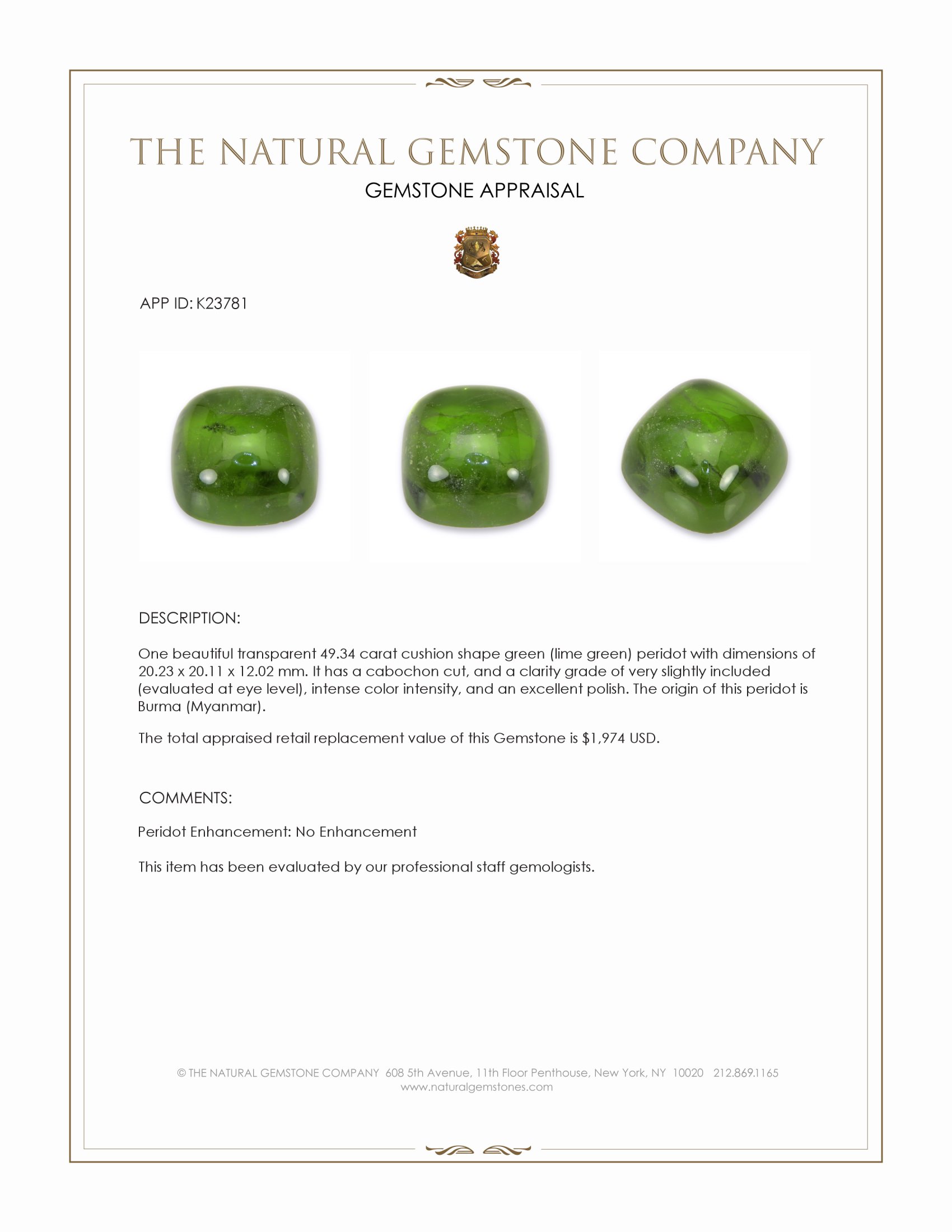 49.34 Ct. Green (Lime Green) Cabochon Peridot from Burma (Myanmar)